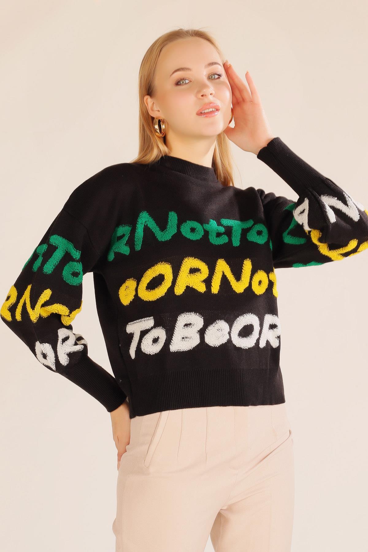 3017 Yazı Baskılı Kazak Siyah - 2