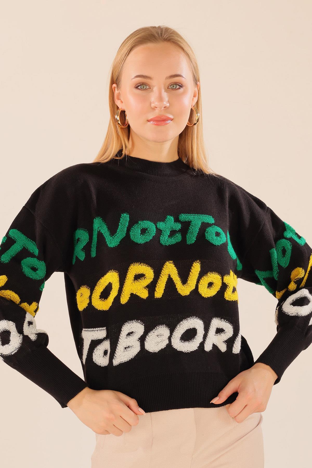 3017 Yazı Baskılı Kazak Siyah - 4