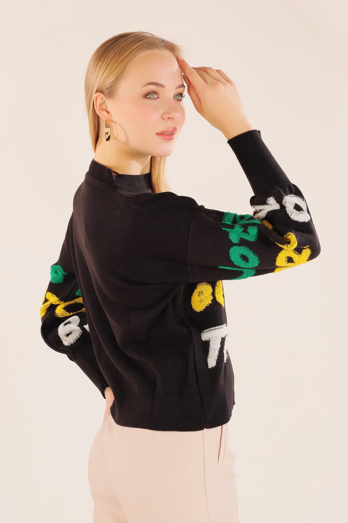 3017 Yazı Baskılı Kazak Siyah - 7