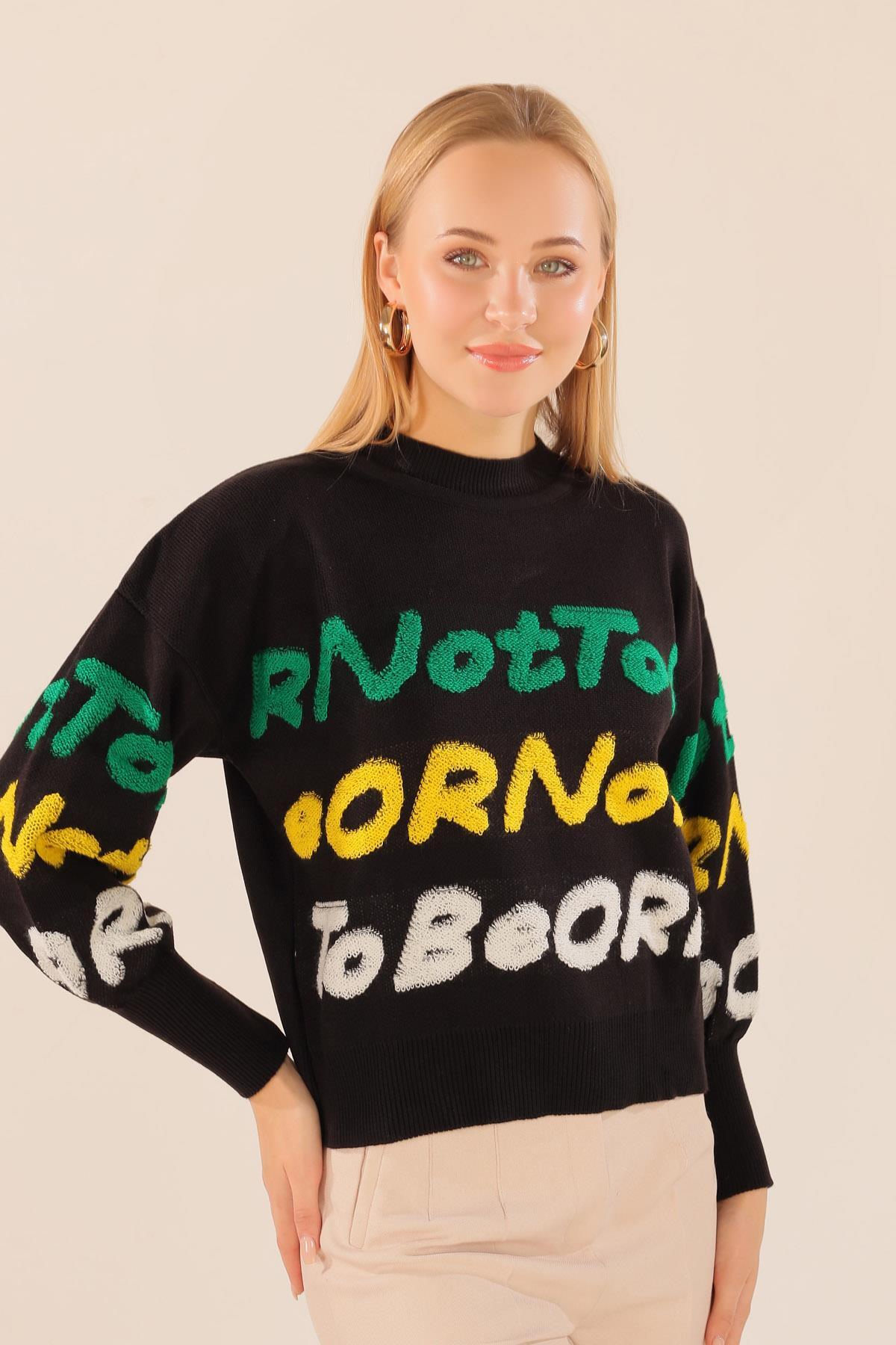 Siyah Yazı Baskılı Kazak 3017 - 5