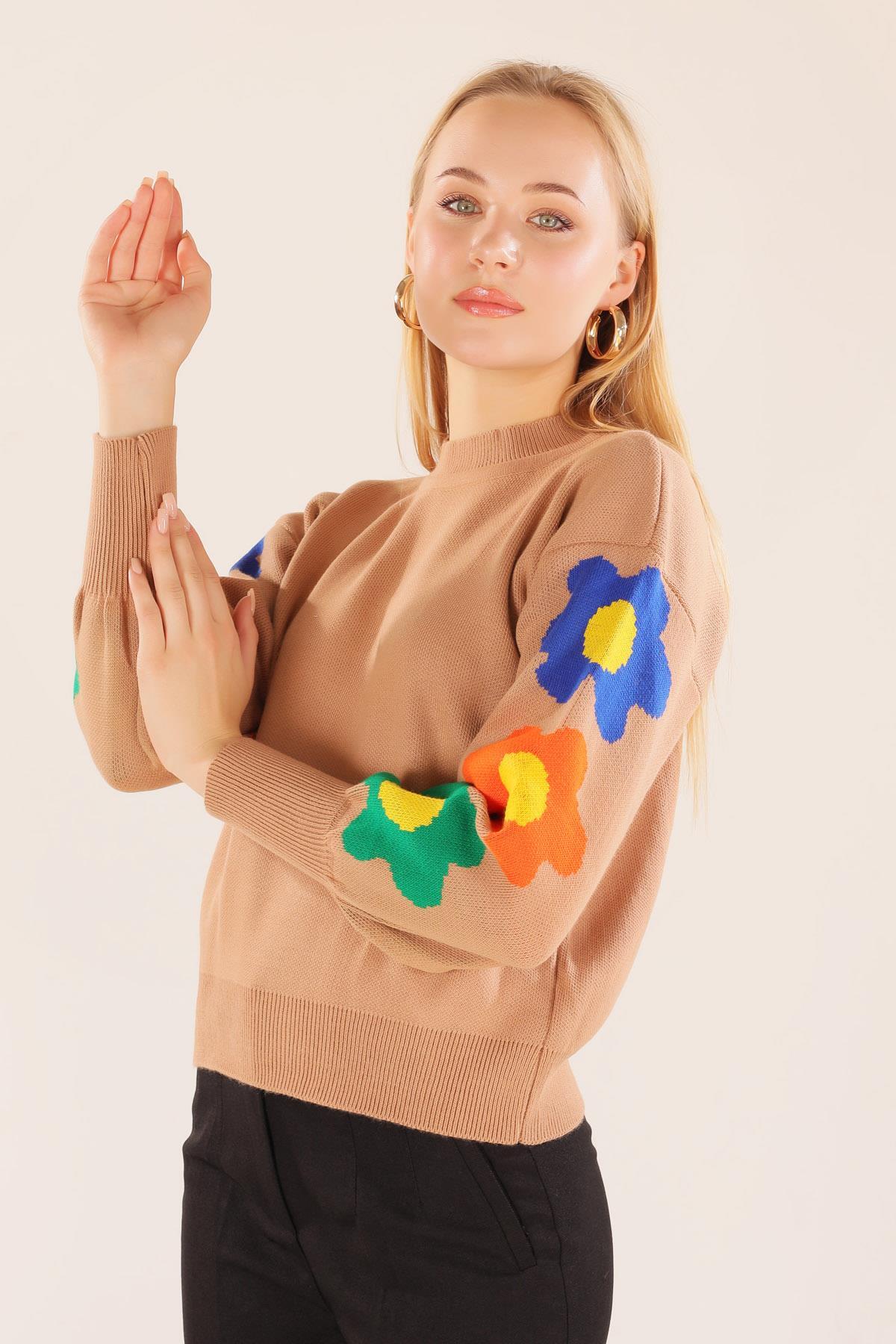 Bisküvi Kol Çiçek Desen Kazak 3018 - 3