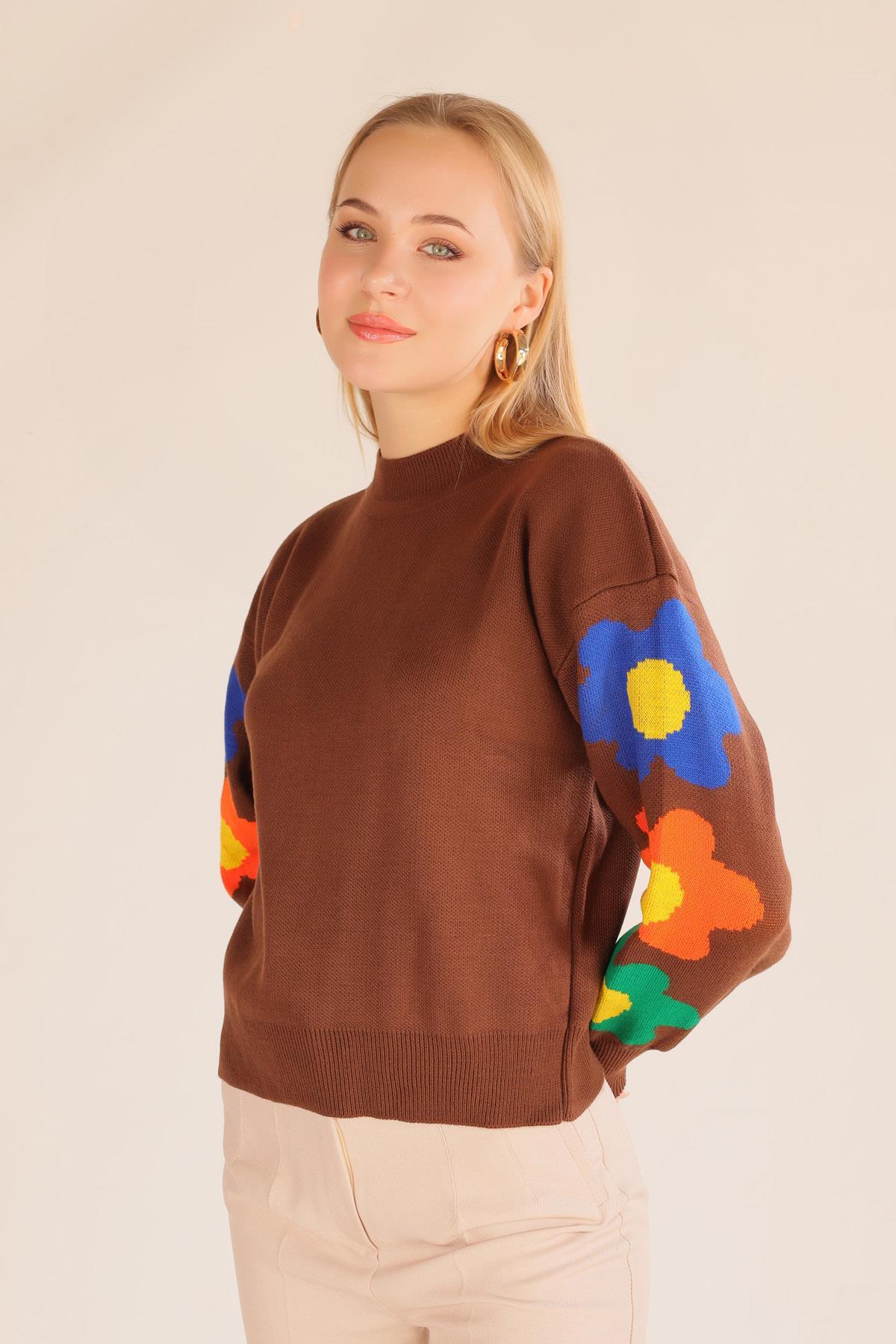 3018 Kol Çiçek Desen Kazak Kahve - 4