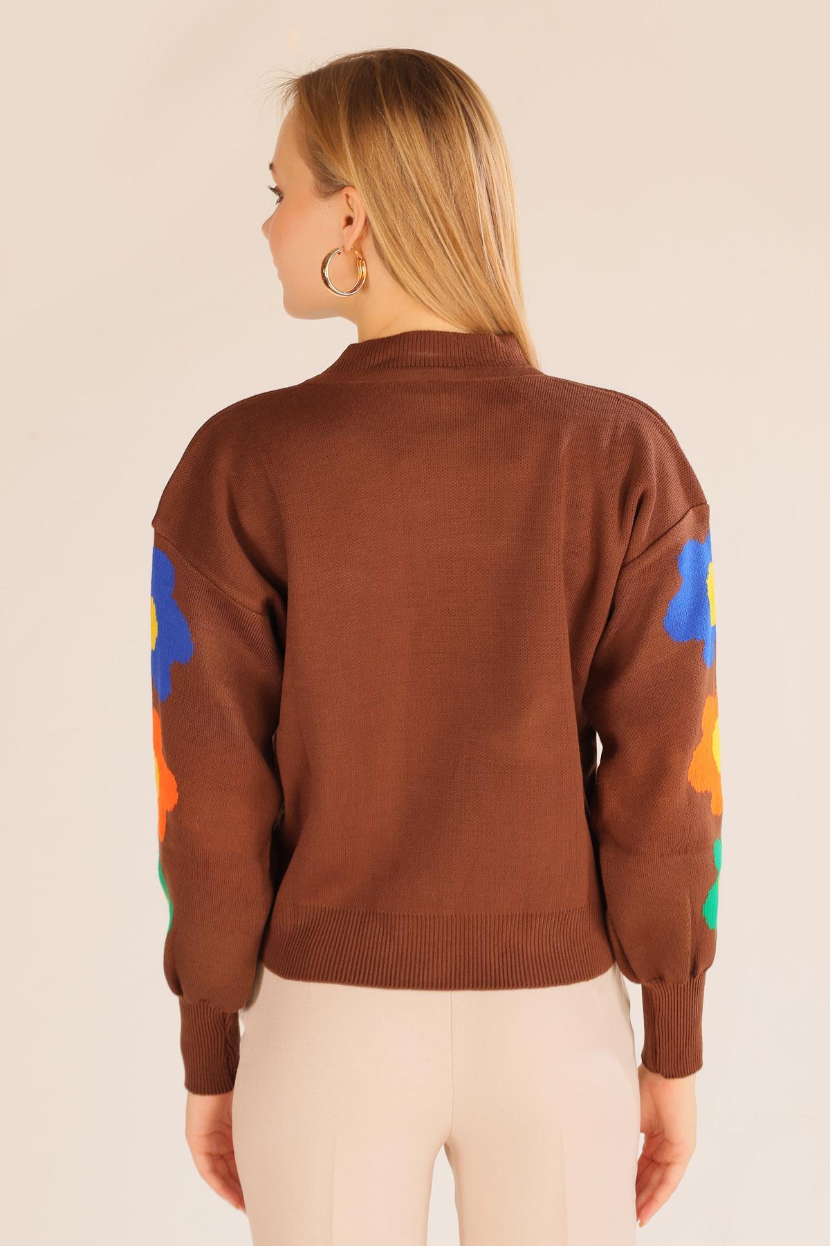 3018 Kol Çiçek Desen Kazak Kahve - 7