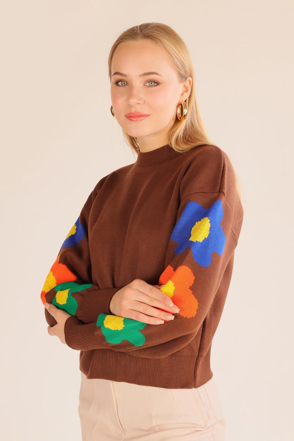 Kahve Kol Çiçek Desen Kazak 3018 - 1