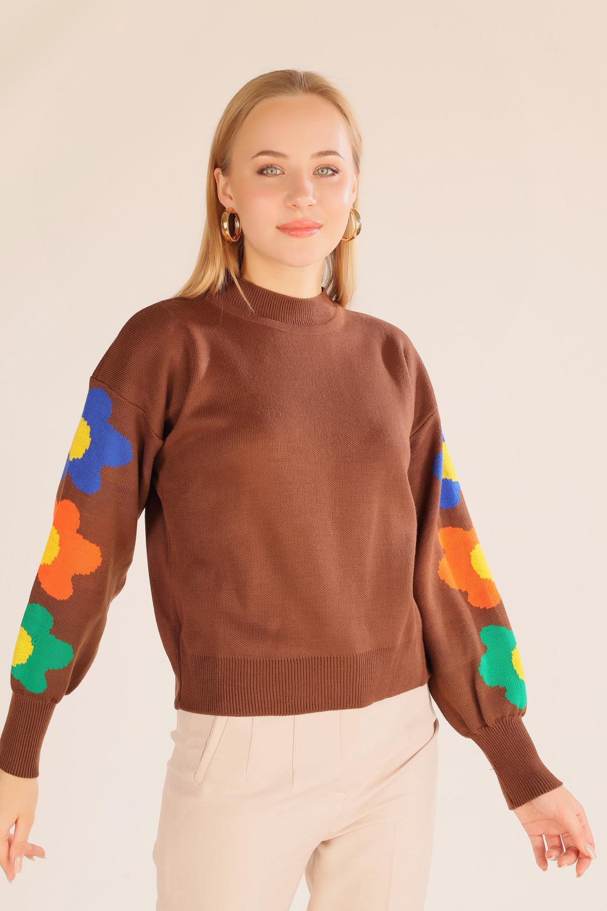 Kahve Kol Çiçek Desen Kazak 3018 - 3