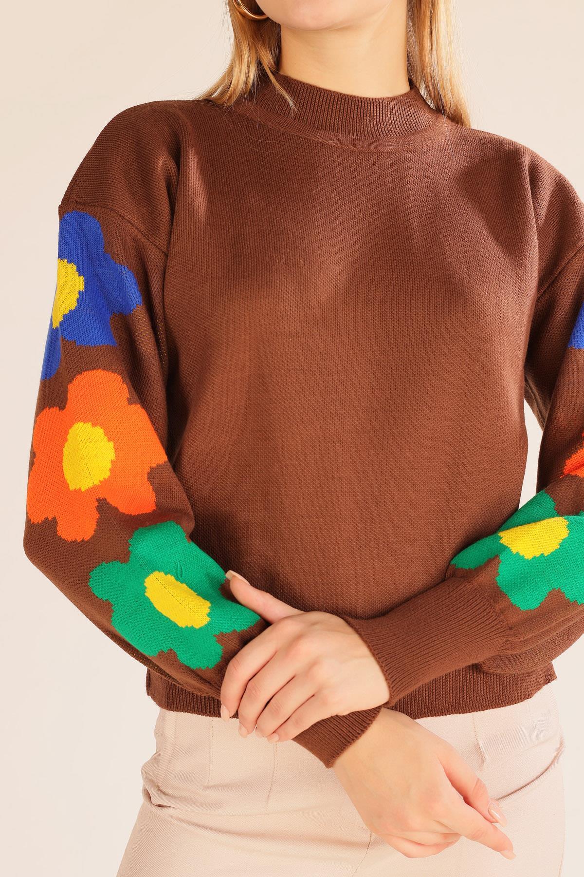 Kahve Kol Çiçek Desen Kazak 3018 - 5