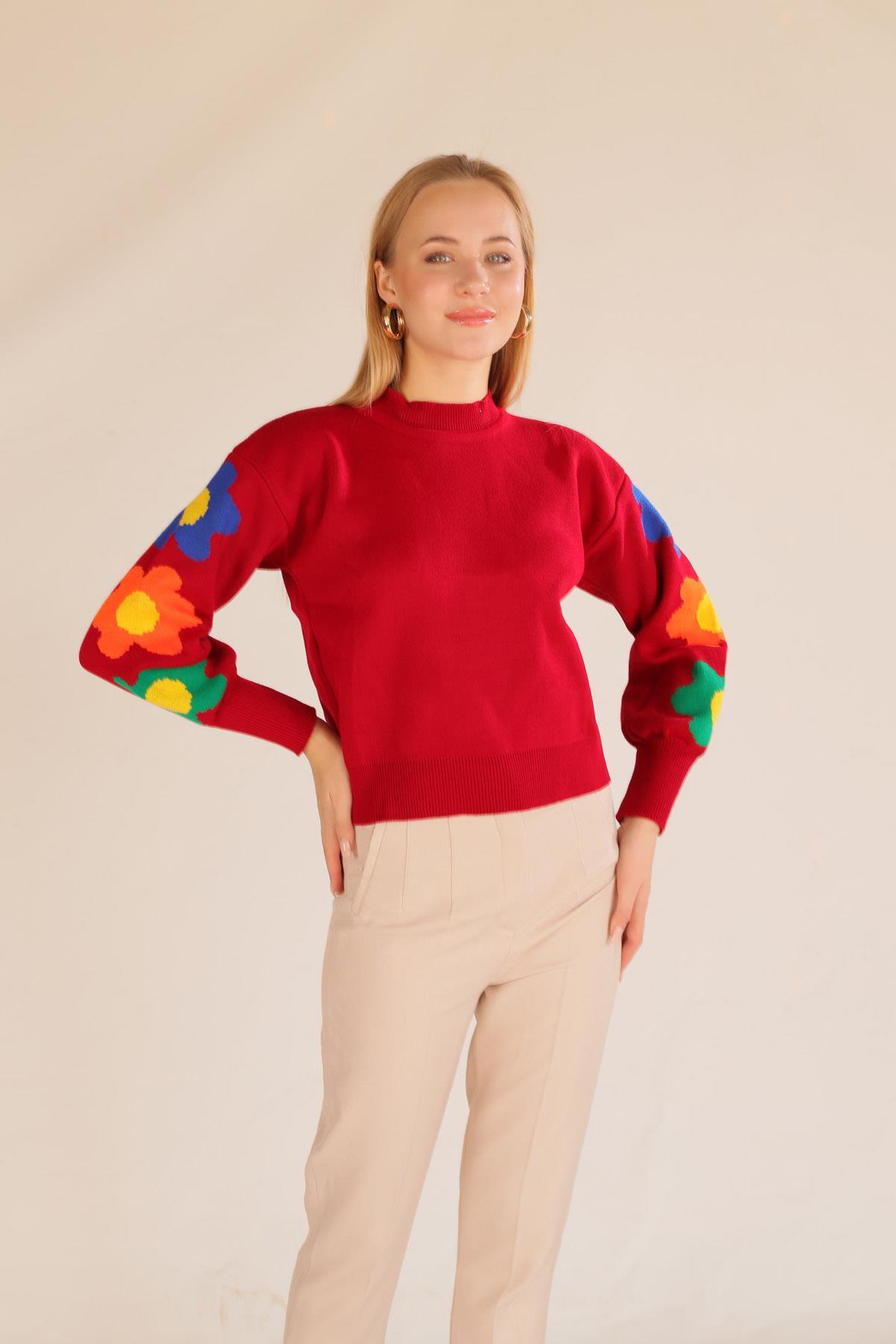 3018 Kol Çiçek Desen Kazak Kırmızı - 2