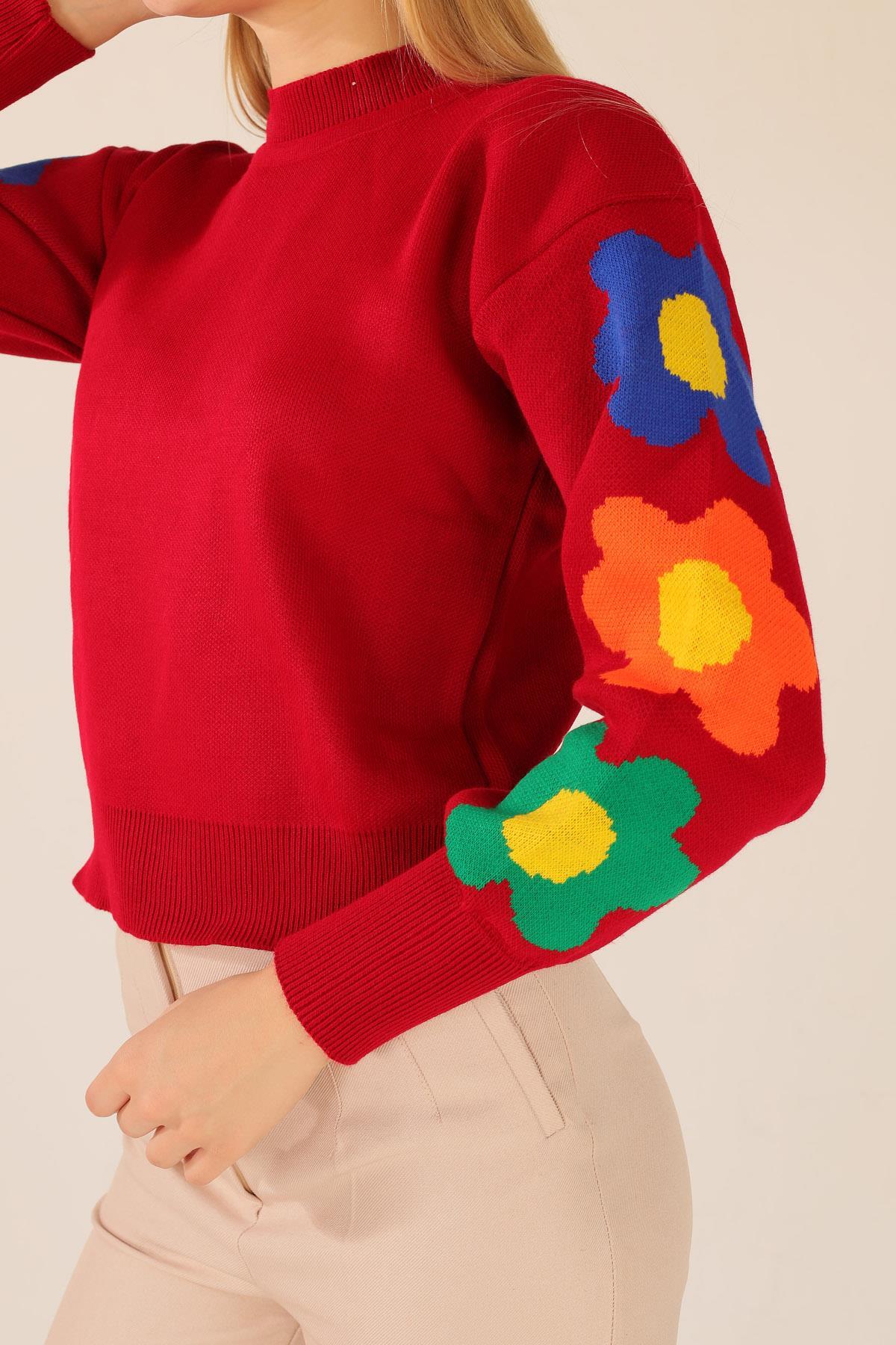 3018 Kol Çiçek Desen Kazak Kırmızı - 6