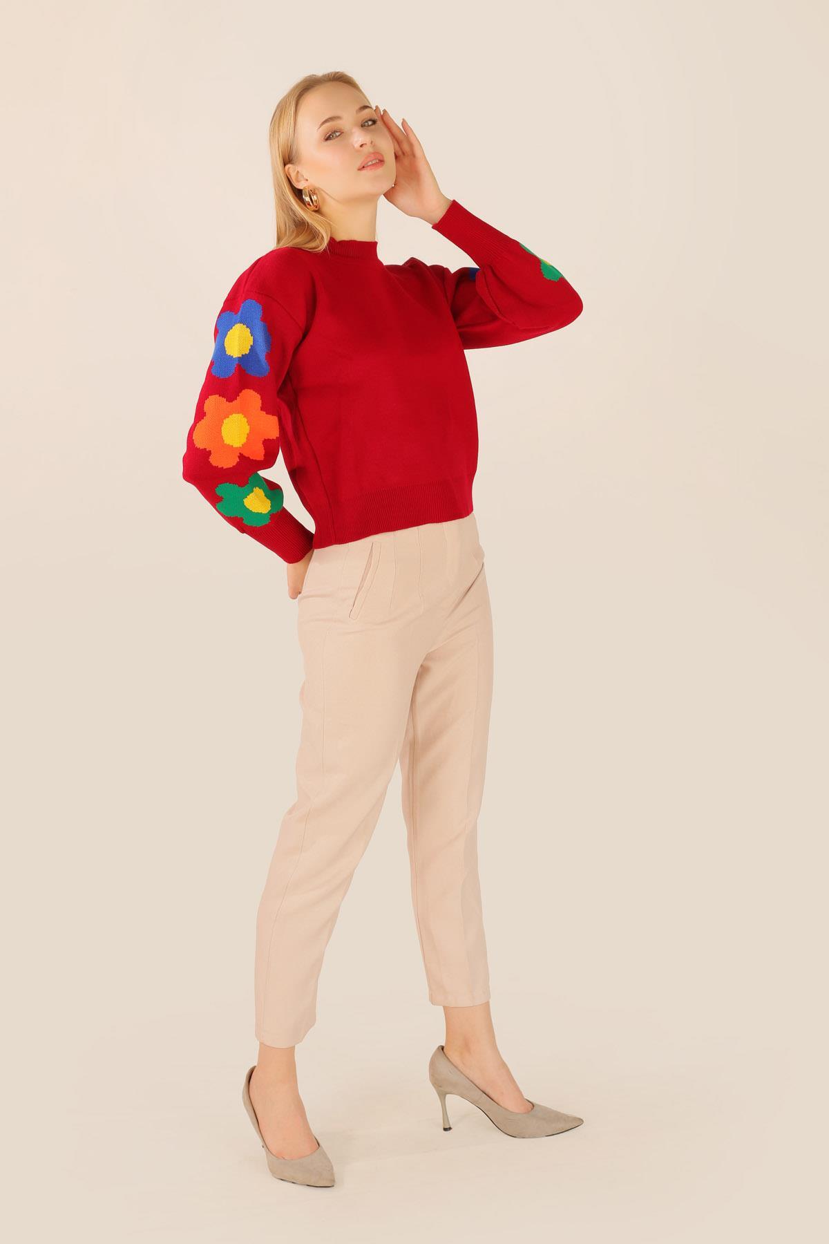 3018 Kol Çiçek Desen Kazak Kırmızı - 3