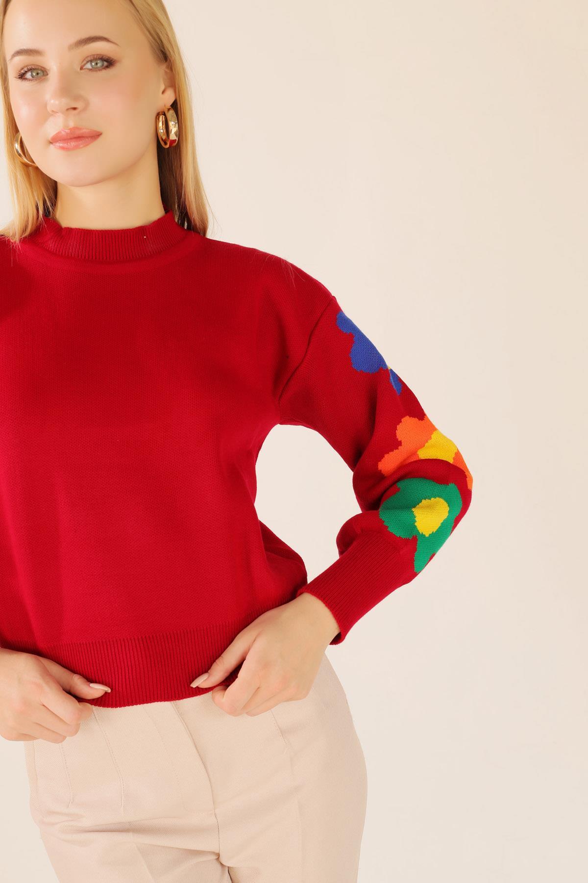 3018 Kol Çiçek Desen Kazak Kırmızı - 5