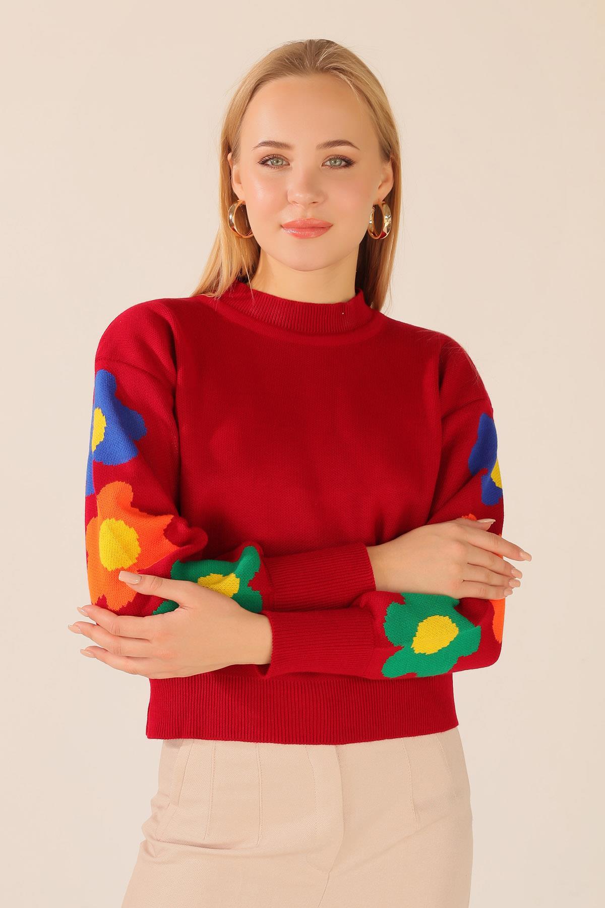 Kırmızı Kol Çiçek Desen Kazak 3018 