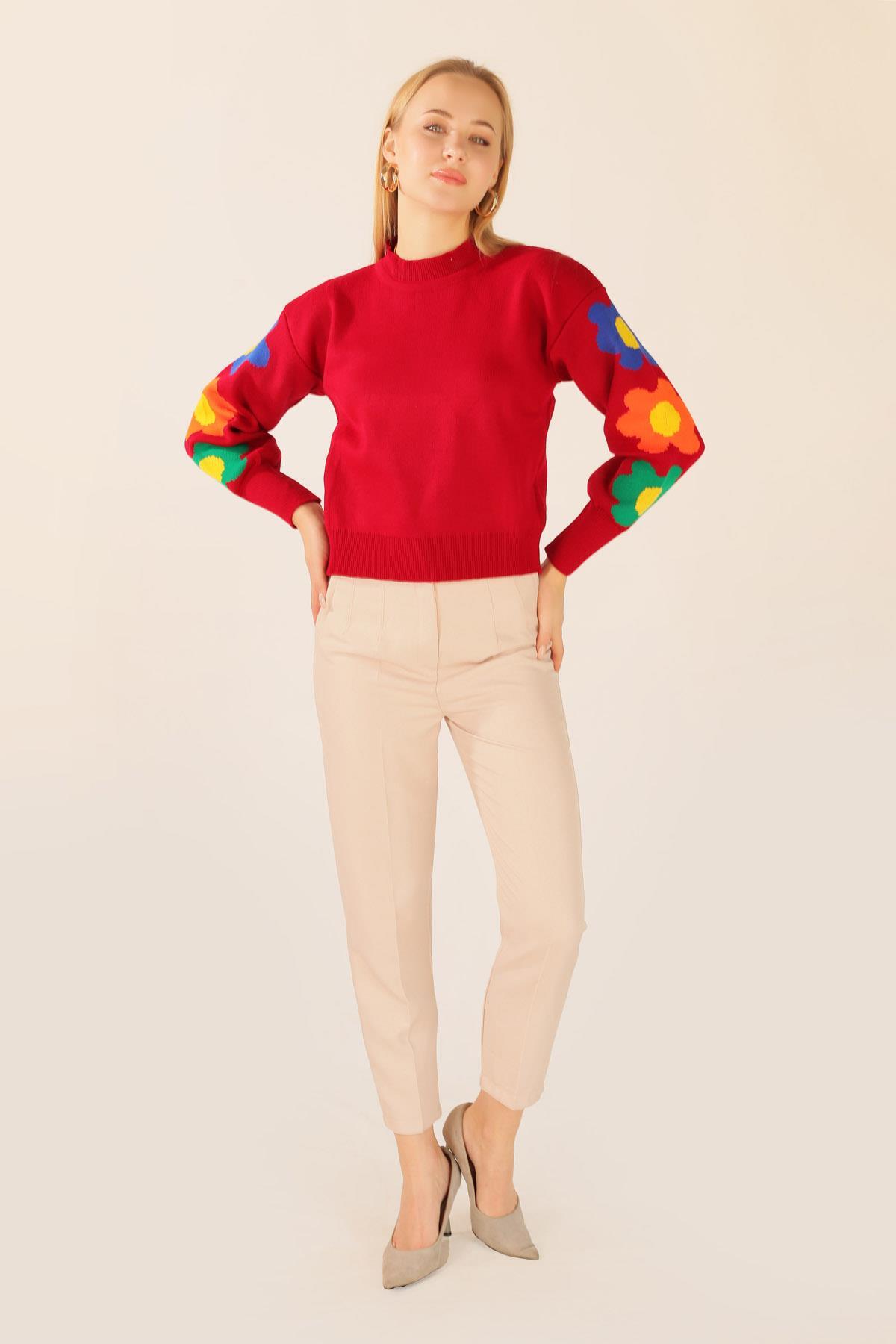 Kırmızı Kol Çiçek Desen Kazak 3018 - 4