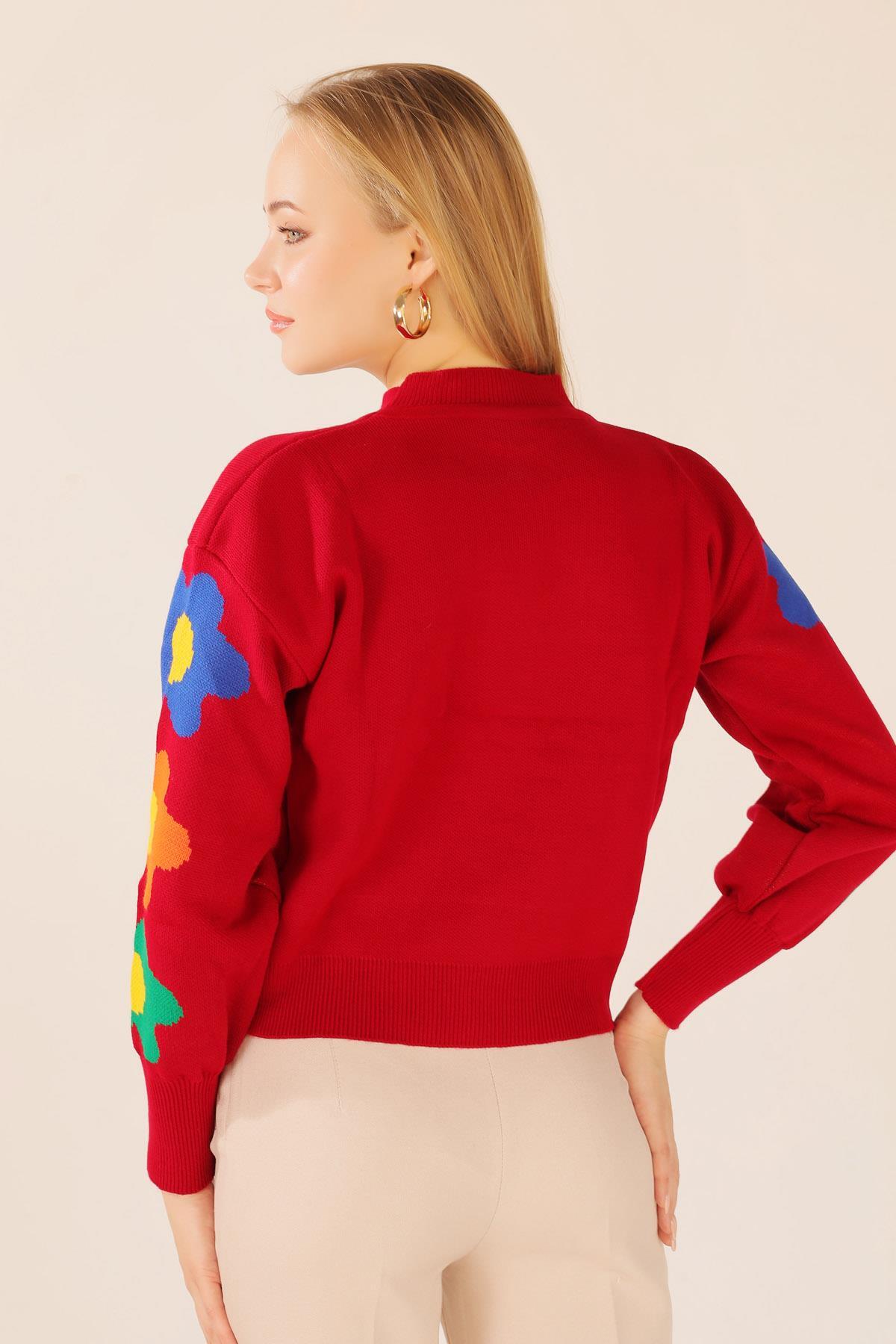 Kırmızı Kol Çiçek Desen Kazak 3018 - 7