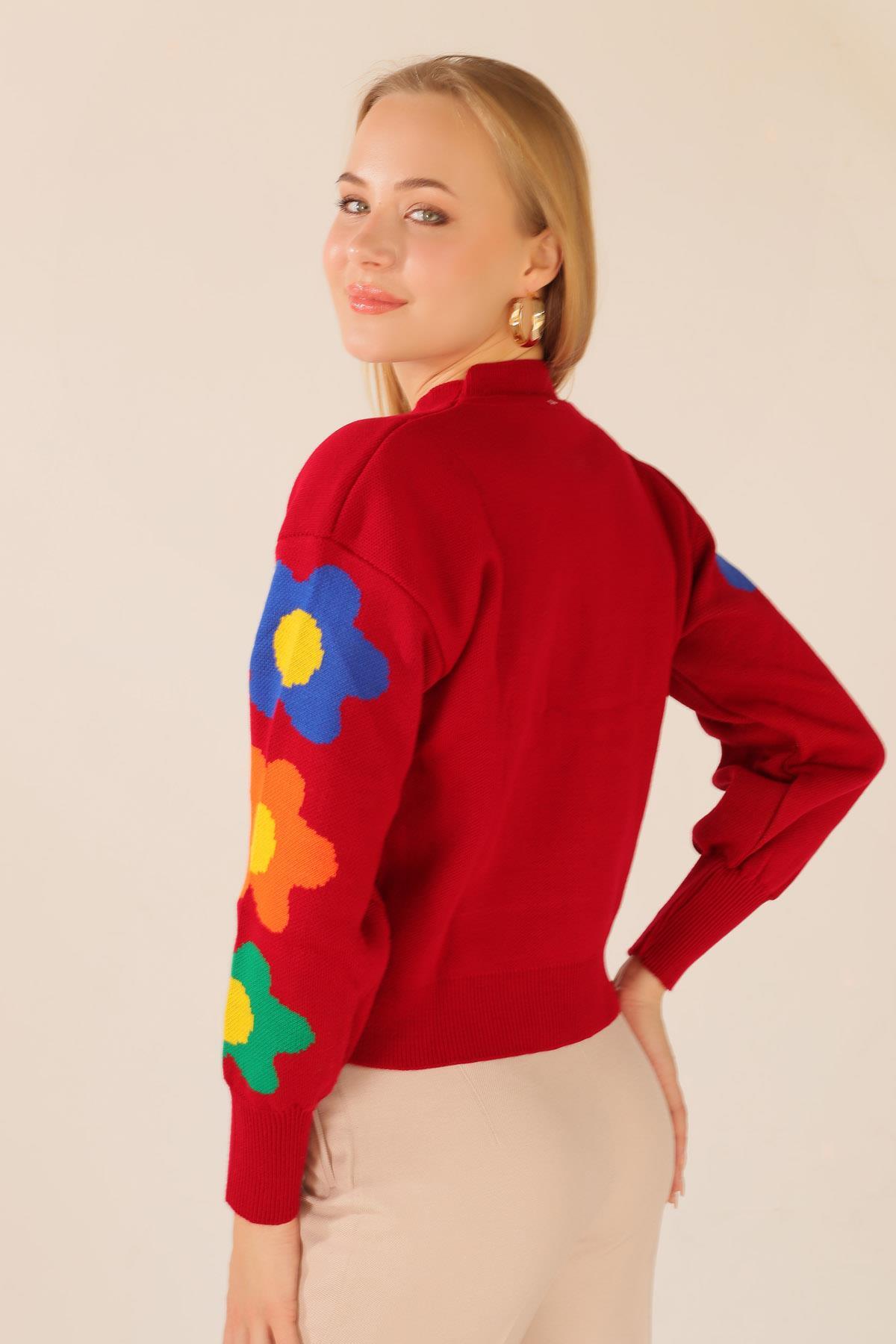 Kırmızı Kol Çiçek Desen Kazak 3018 - 8