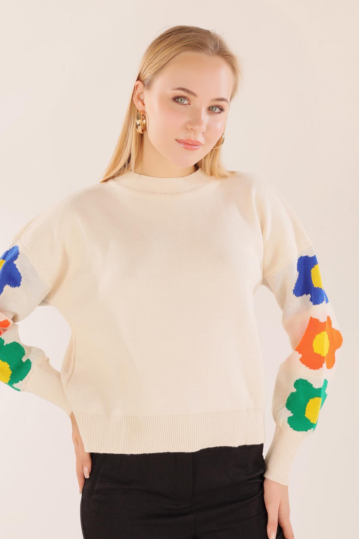 3018 Kol Çiçek Desen Kazak Krem - 2