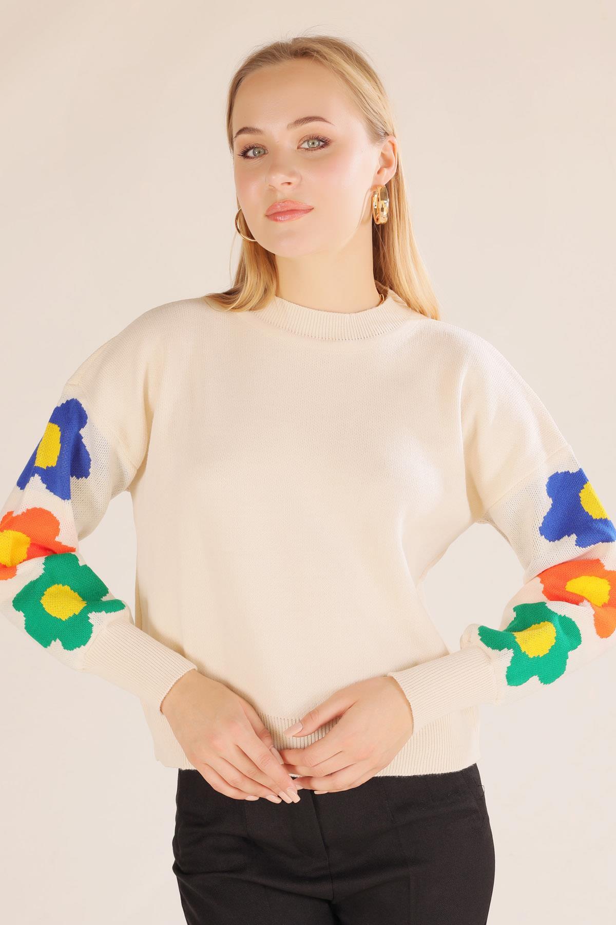 Krem Kol Çiçek Desen Kazak 3018 