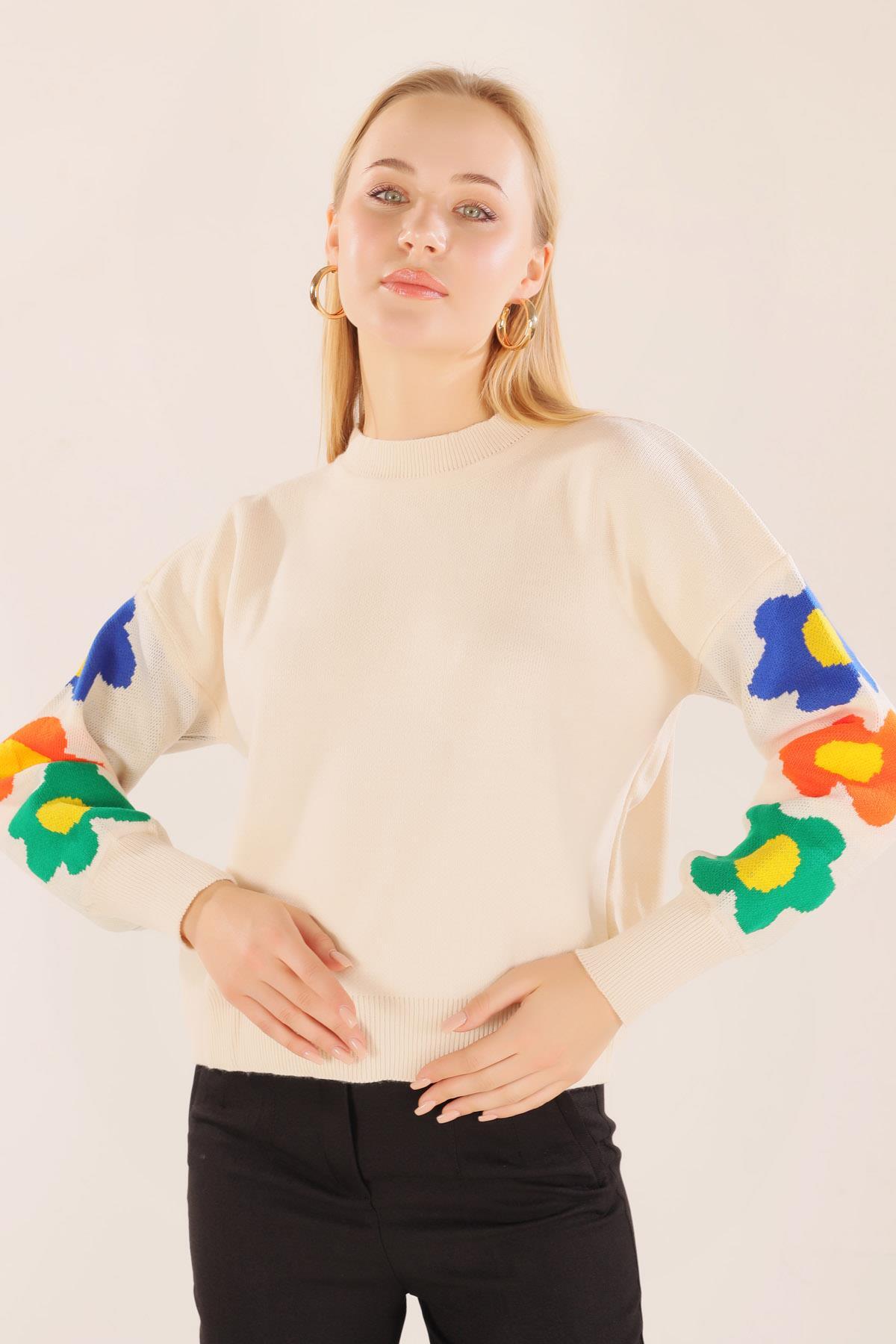 Krem Kol Çiçek Desen Kazak 3018 - 3