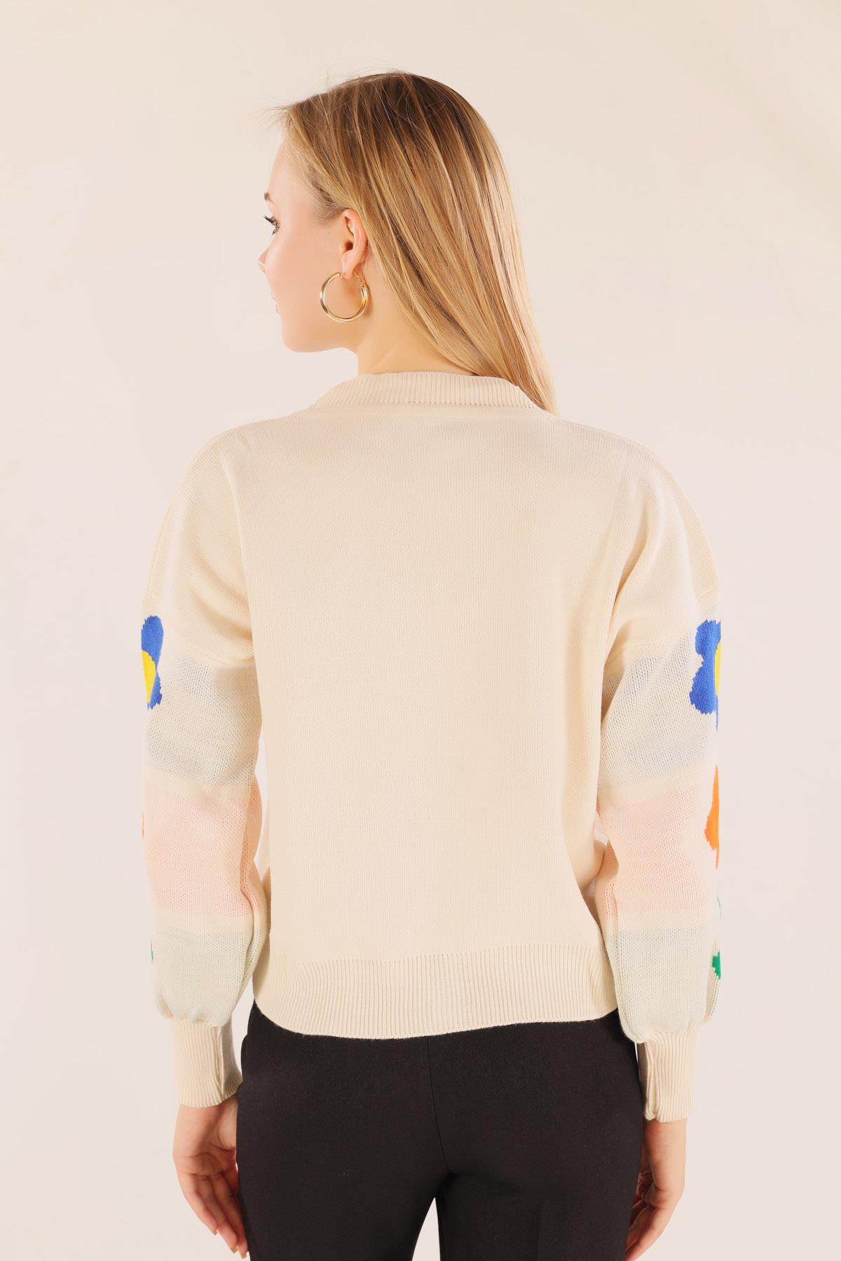 Krem Kol Çiçek Desen Kazak 3018 - 6