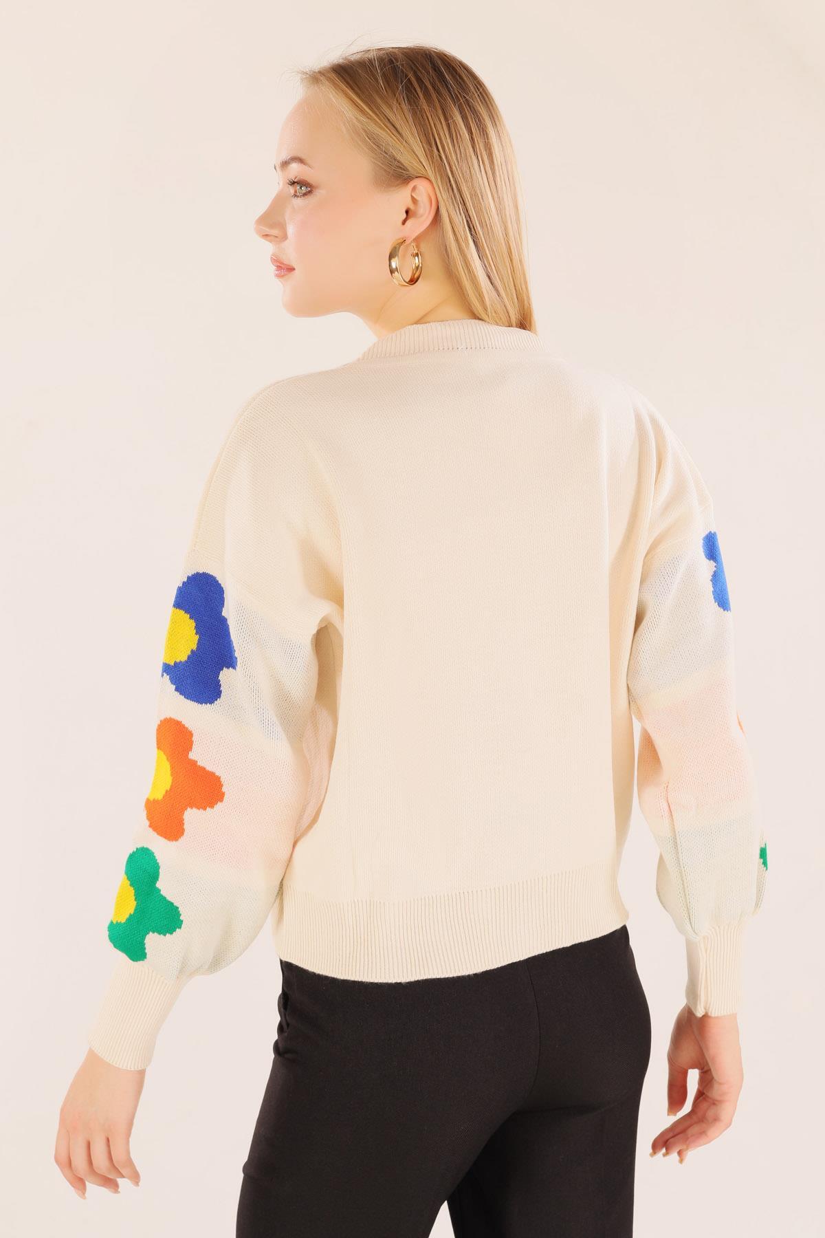 Krem Kol Çiçek Desen Kazak 3018 - 7