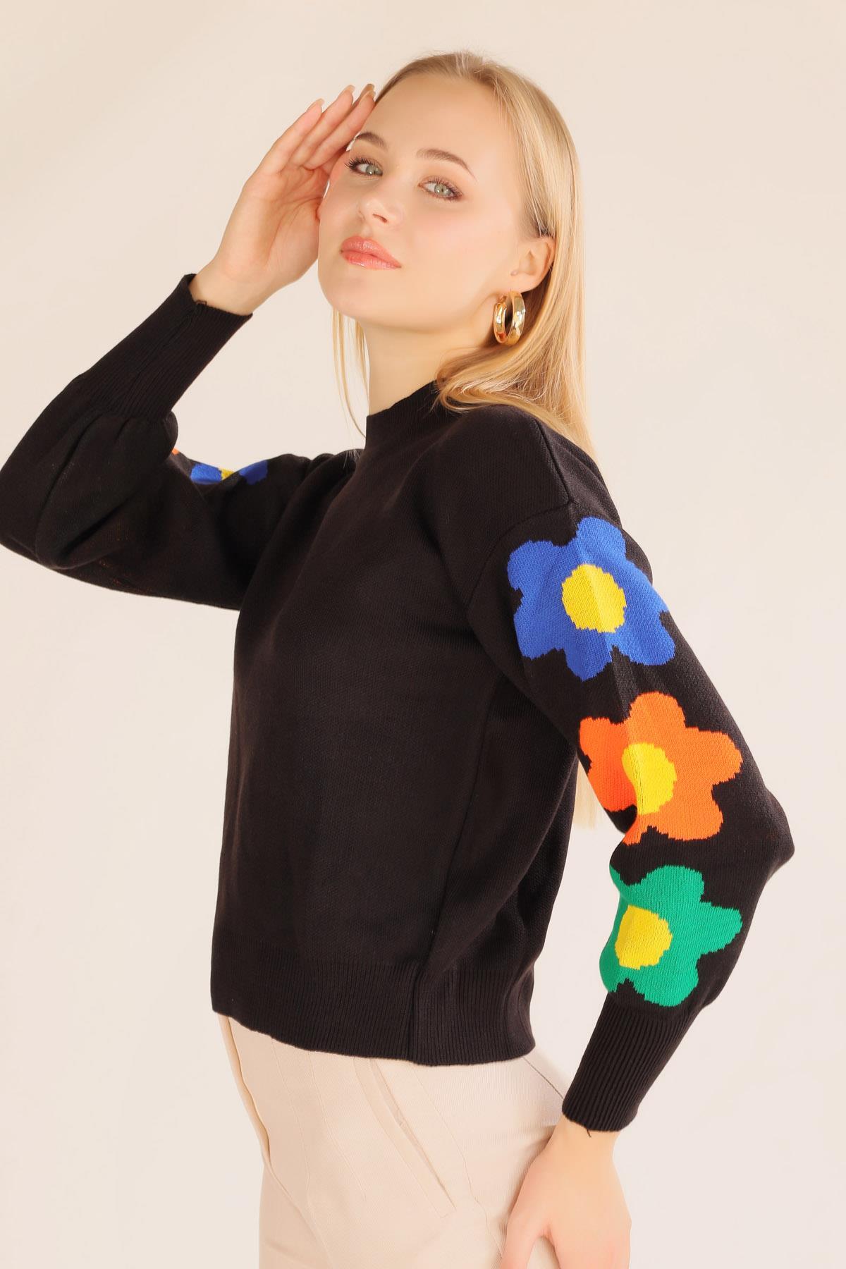 Siyah Kol Çiçek Desen Kazak 3018 - 1