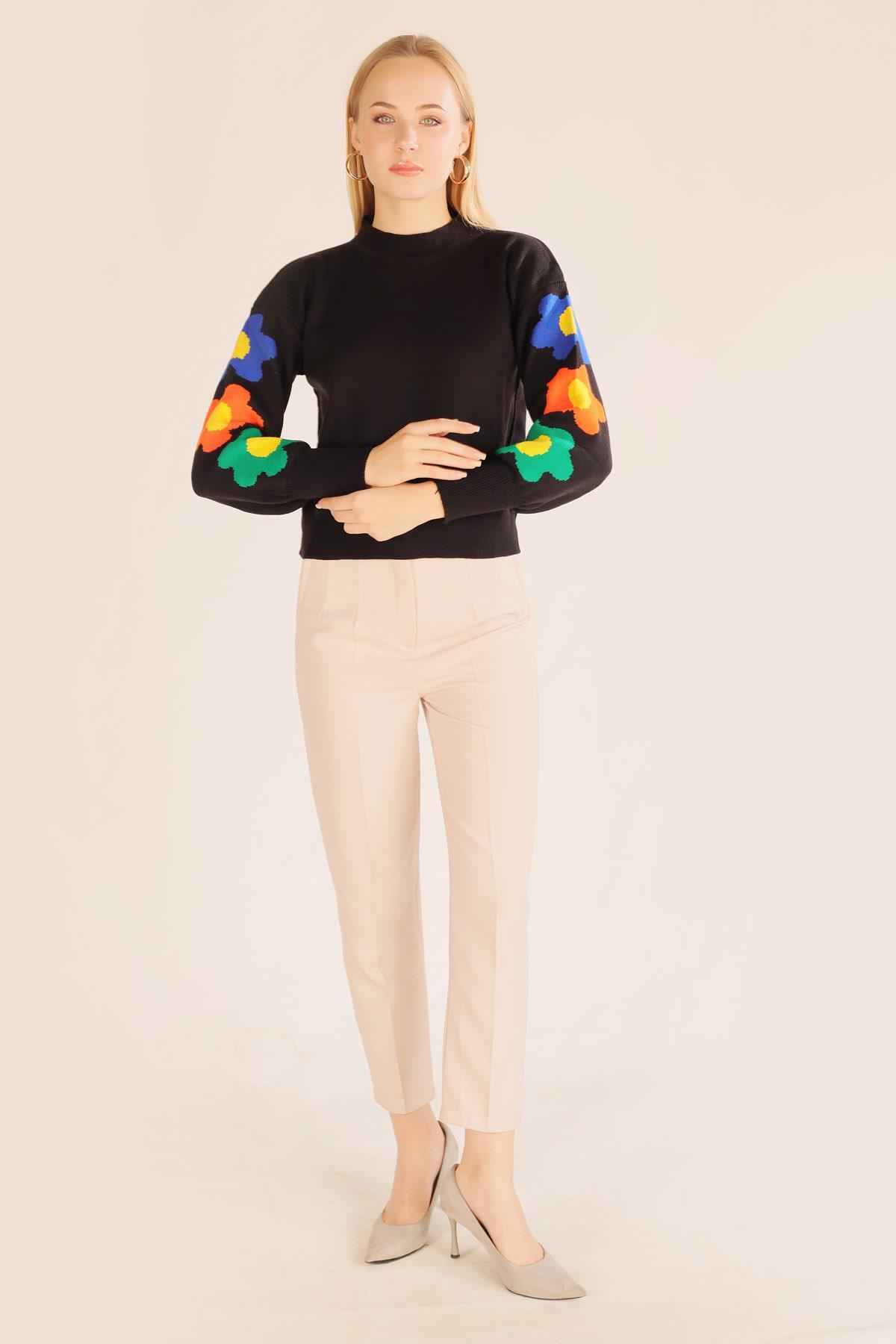 Siyah Kol Çiçek Desen Kazak 3018 - 2