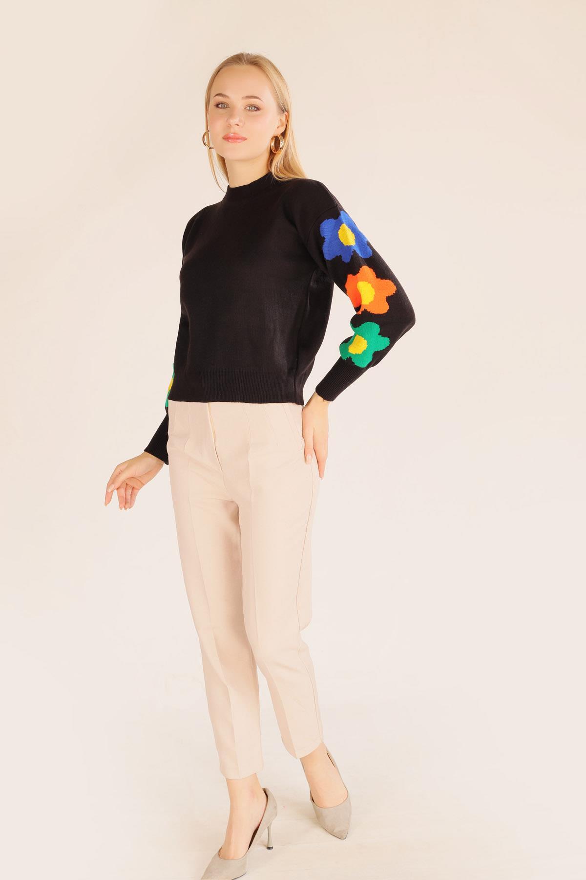 Siyah Kol Çiçek Desen Kazak 3018 - 3