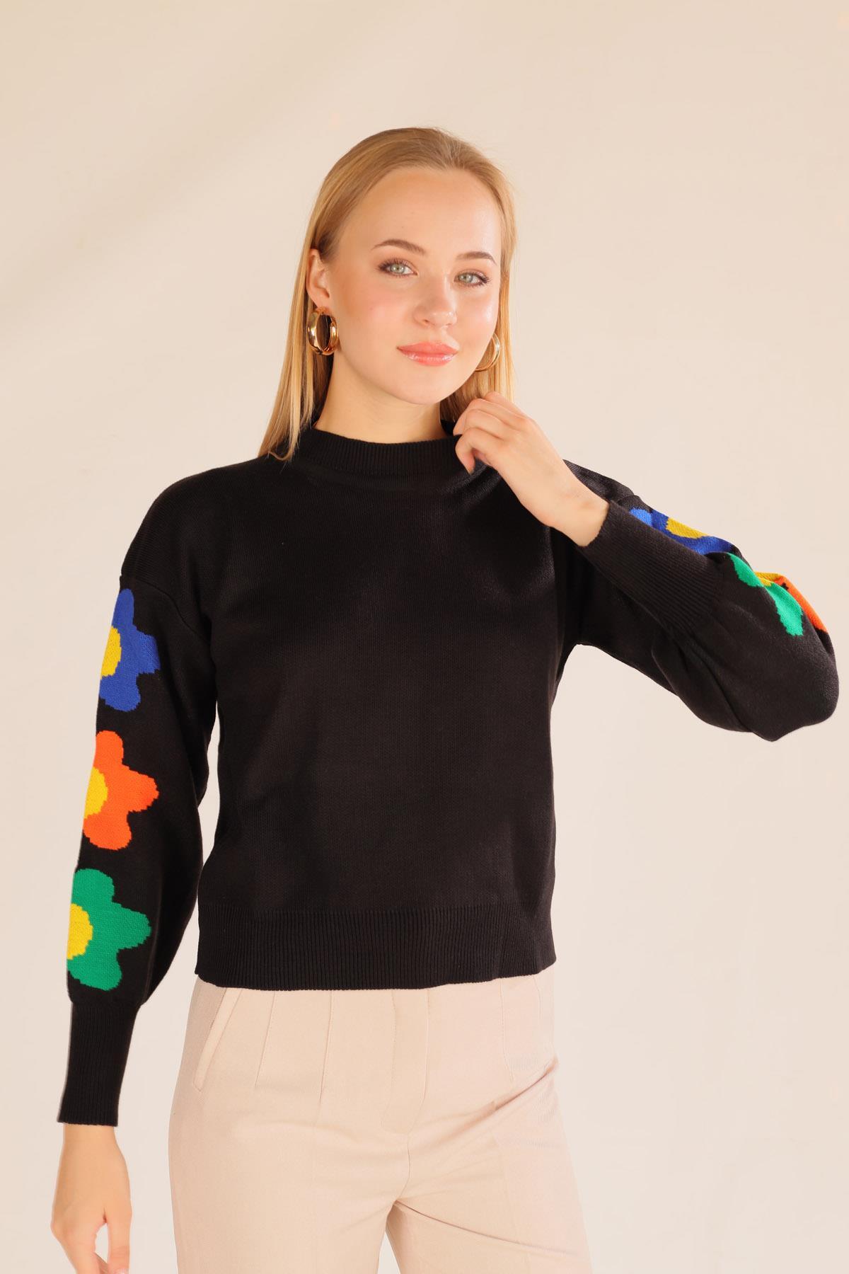 Siyah Kol Çiçek Desen Kazak 3018 - 4