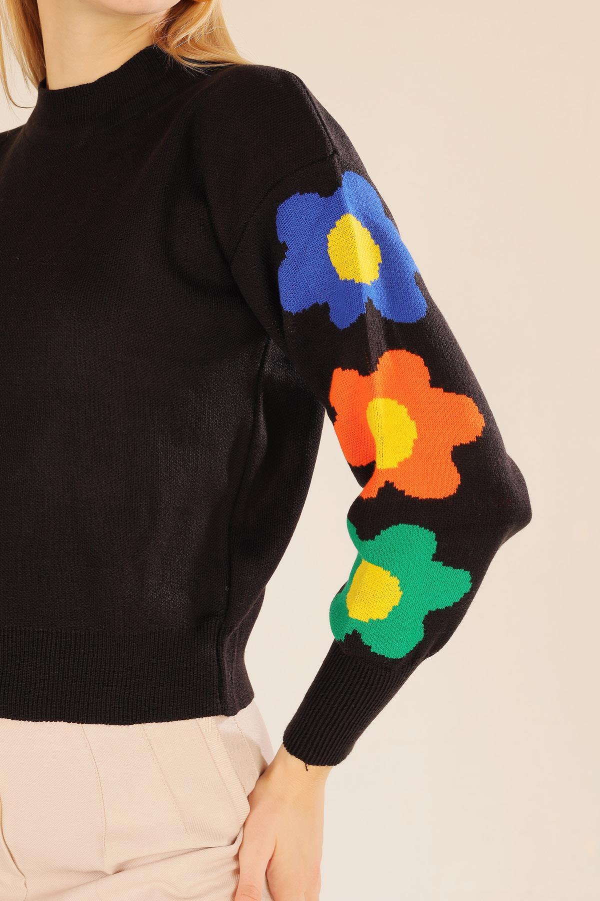 Siyah Kol Çiçek Desen Kazak 3018 - 6