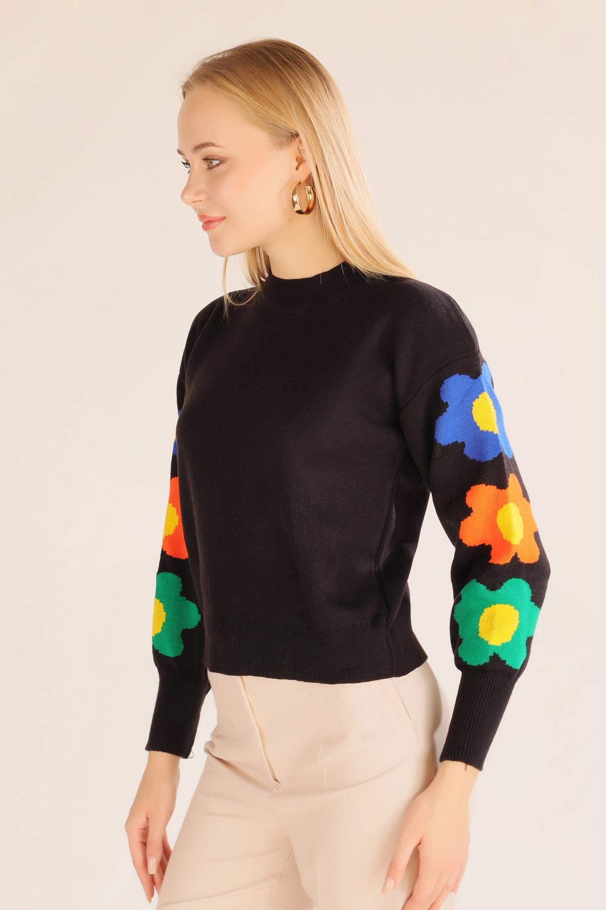 Siyah Kol Çiçek Desen Kazak 3018 - 7