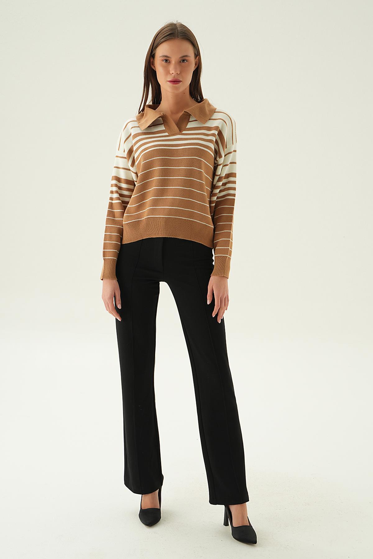 3020 Polo Yaka Çizgili Kazak Bisküvi - 2