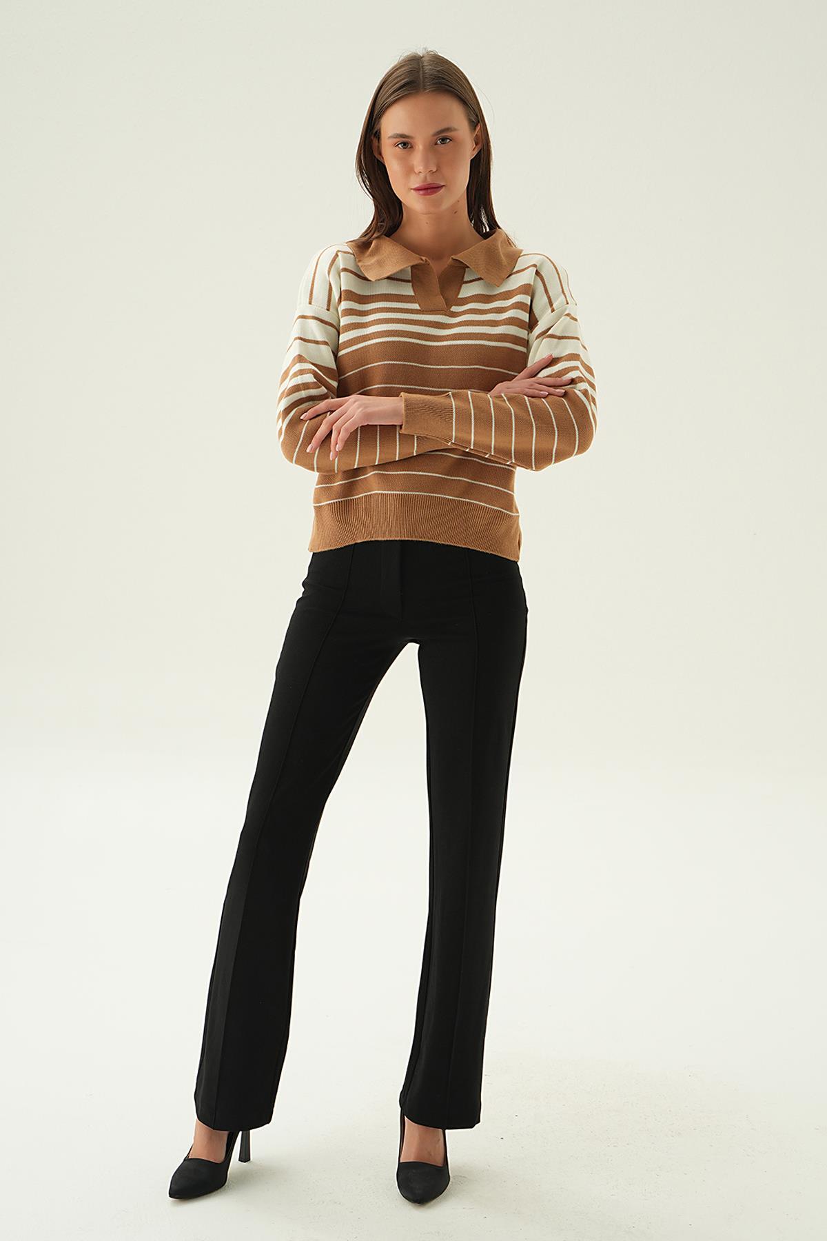 3020 Polo Yaka Çizgili Kazak Bisküvi - 3