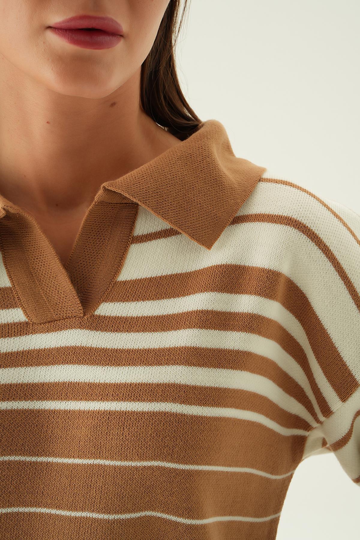 3020 Polo Yaka Çizgili Kazak Bisküvi - 6