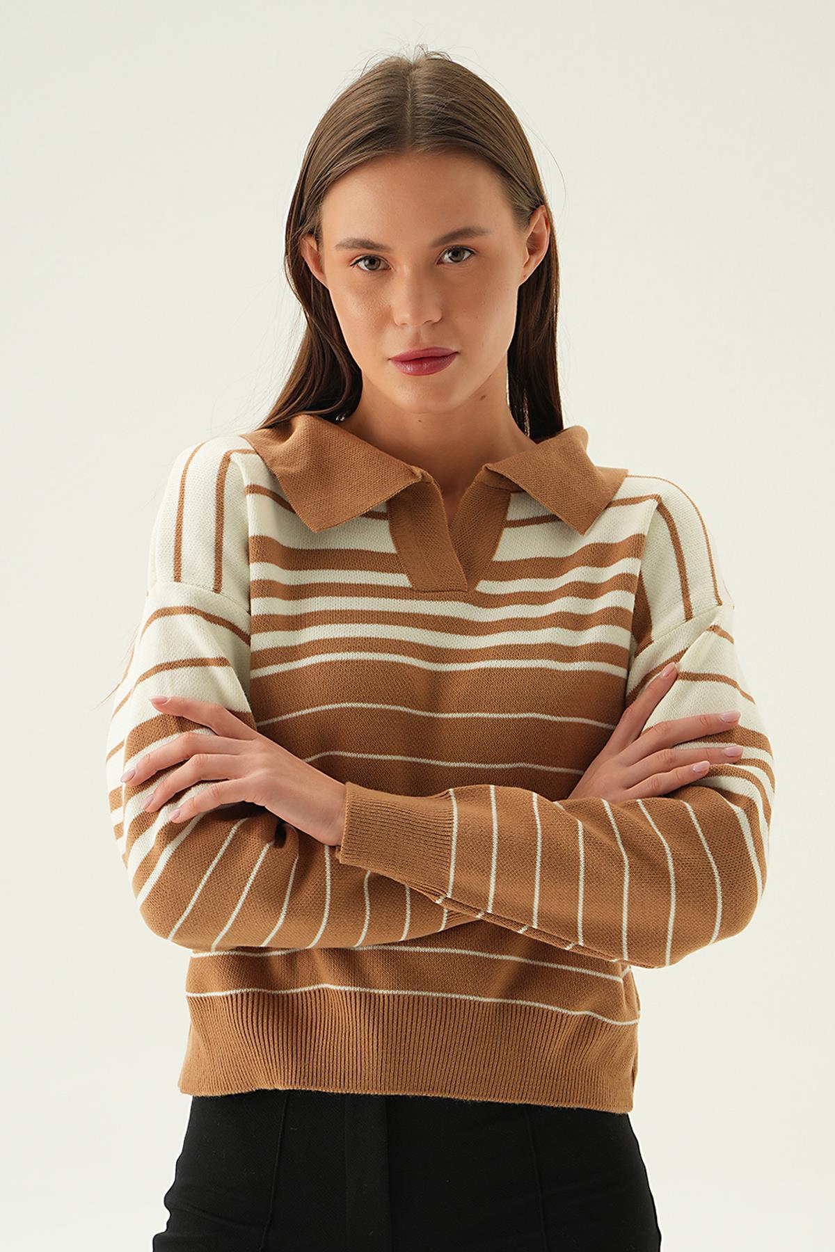 Bisküvi Polo Yaka Çizgili Kazak 3020 - 1