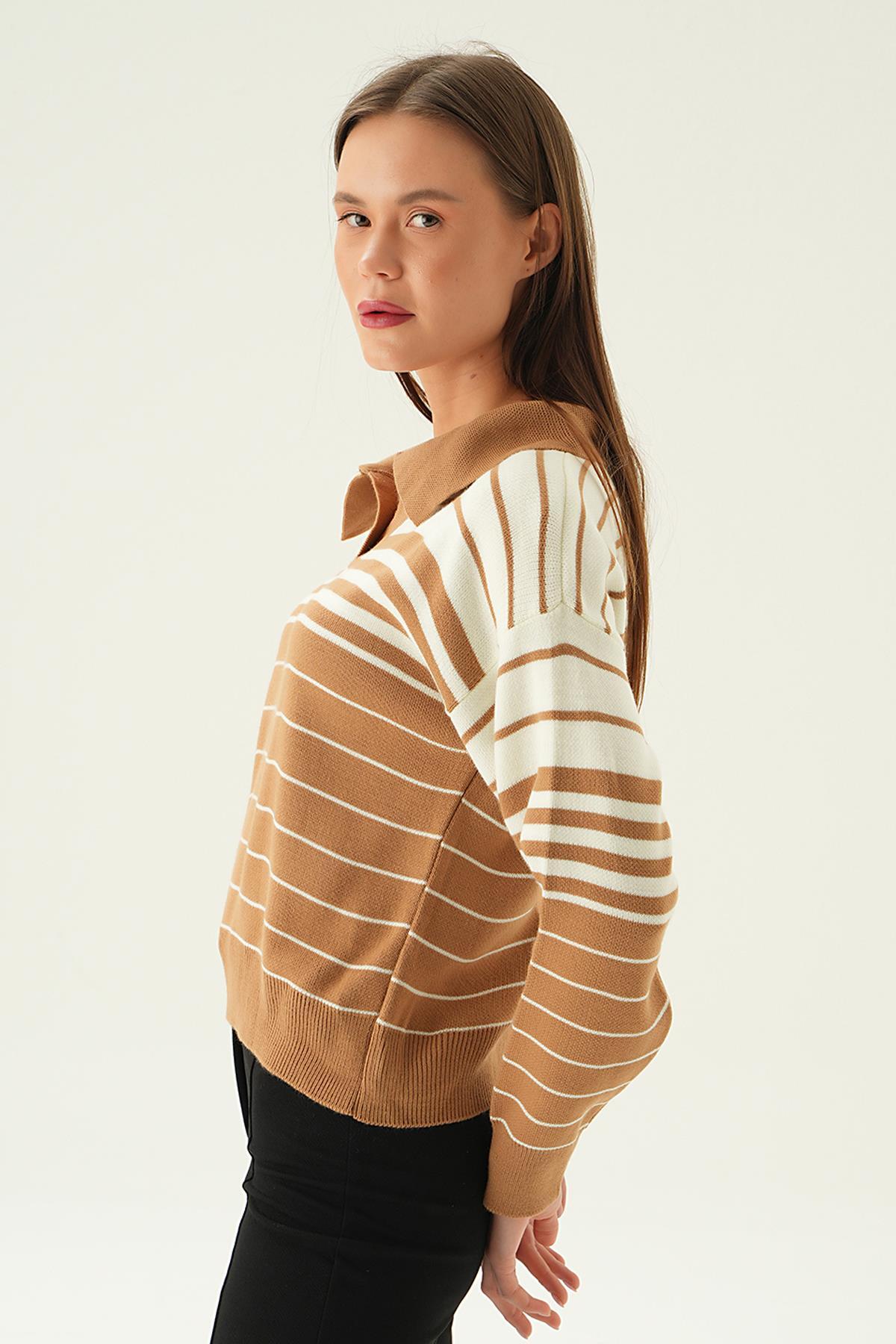 Bisküvi Polo Yaka Çizgili Kazak 3020 - 4