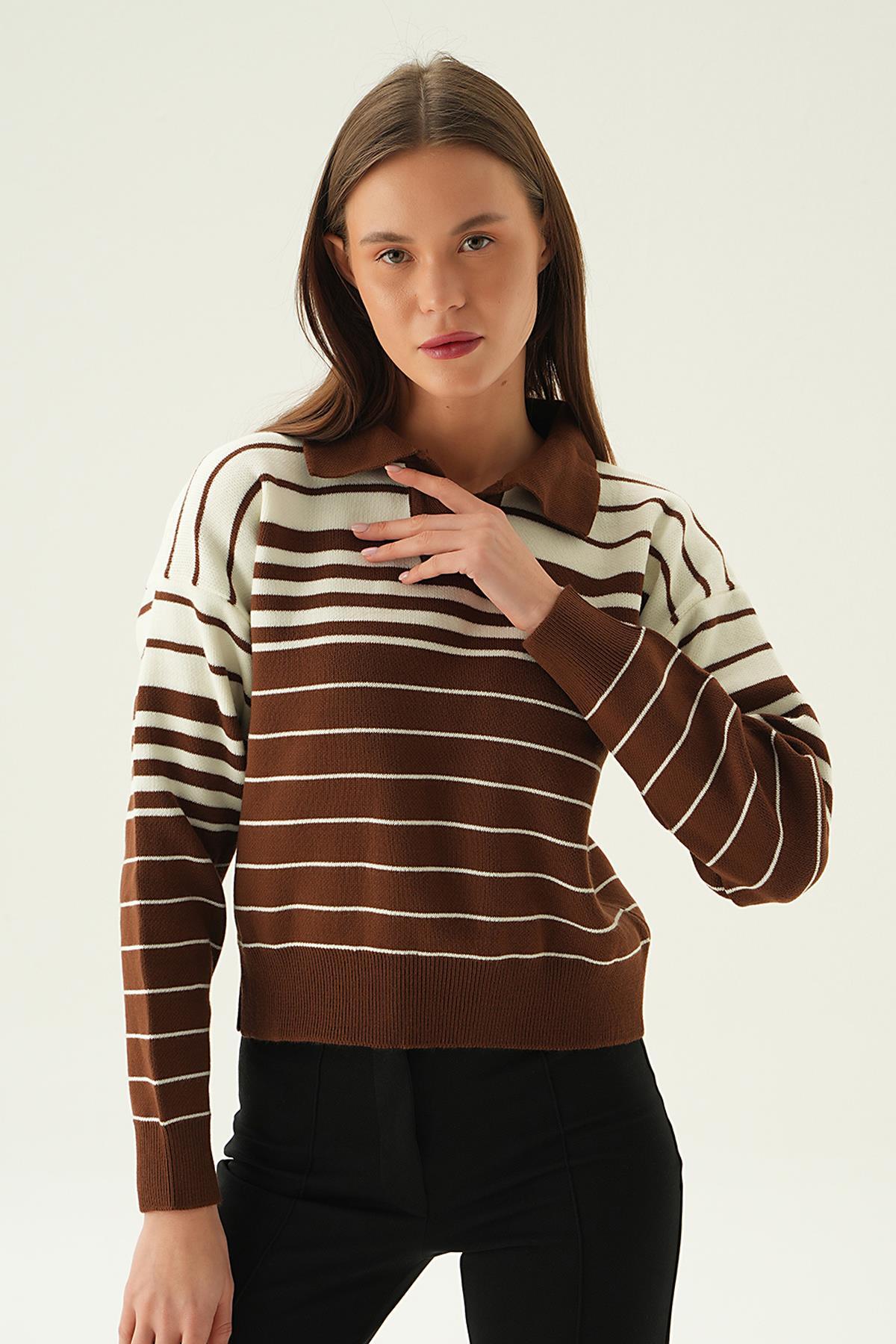 3020 Polo Yaka Çizgili Kazak Kahve - 1