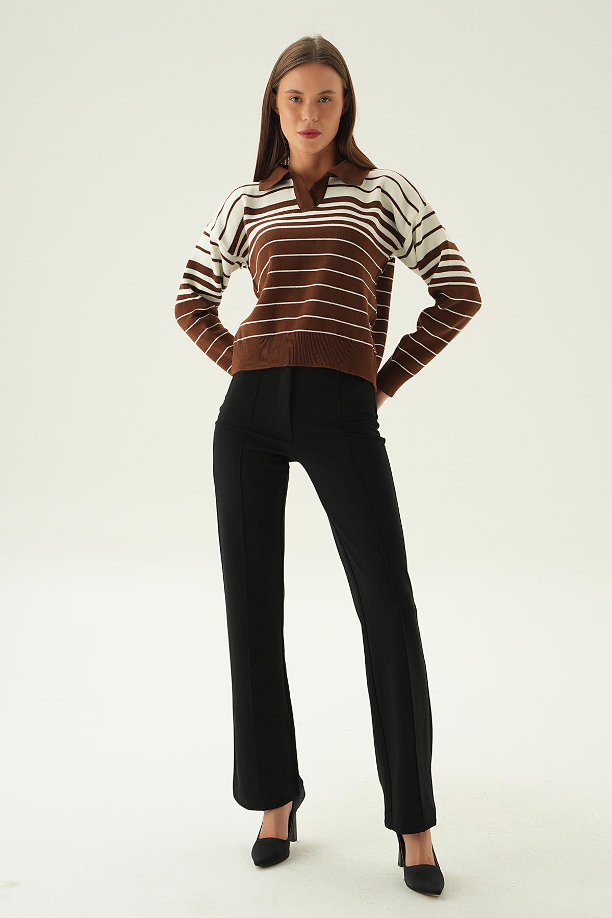 3020 Polo Yaka Çizgili Kazak Kahve - 3