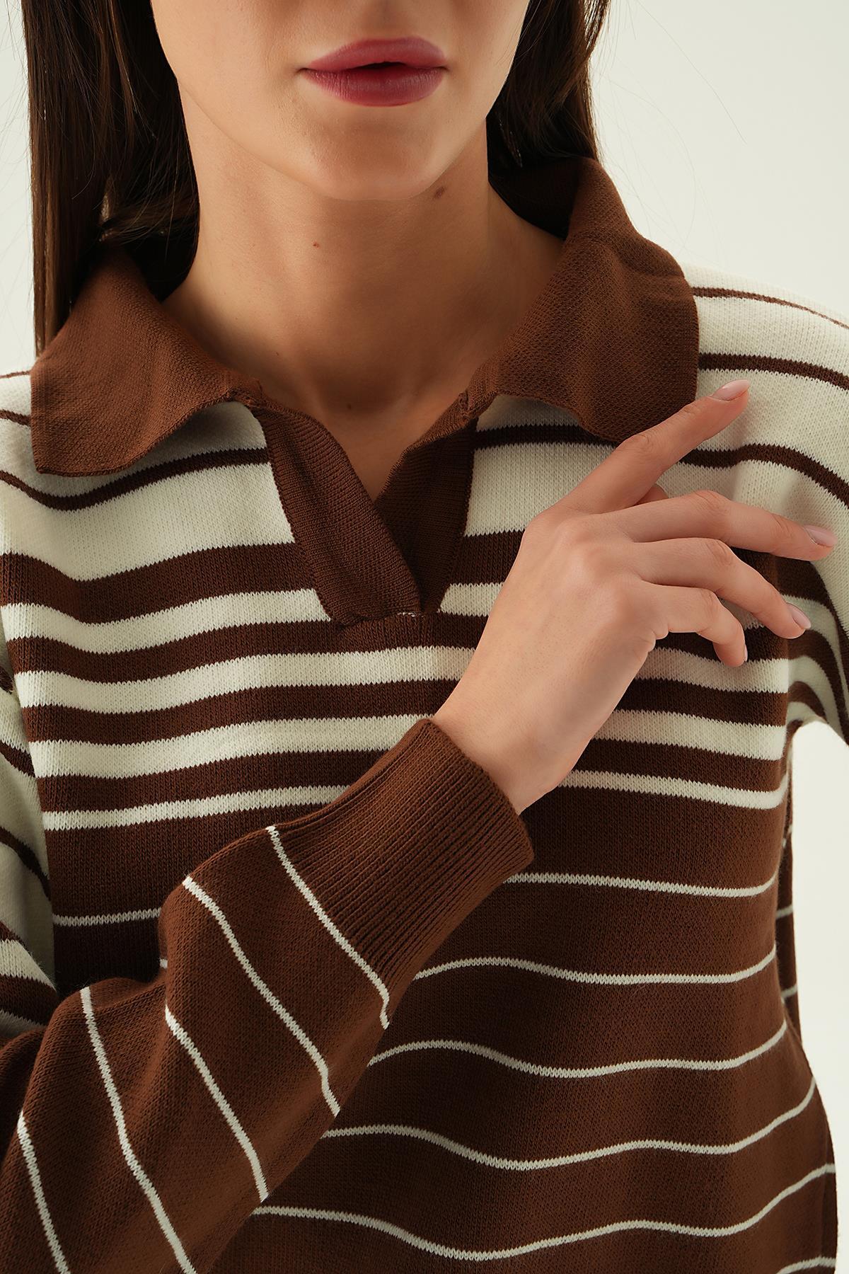 3020 Polo Yaka Çizgili Kazak Kahve - 6
