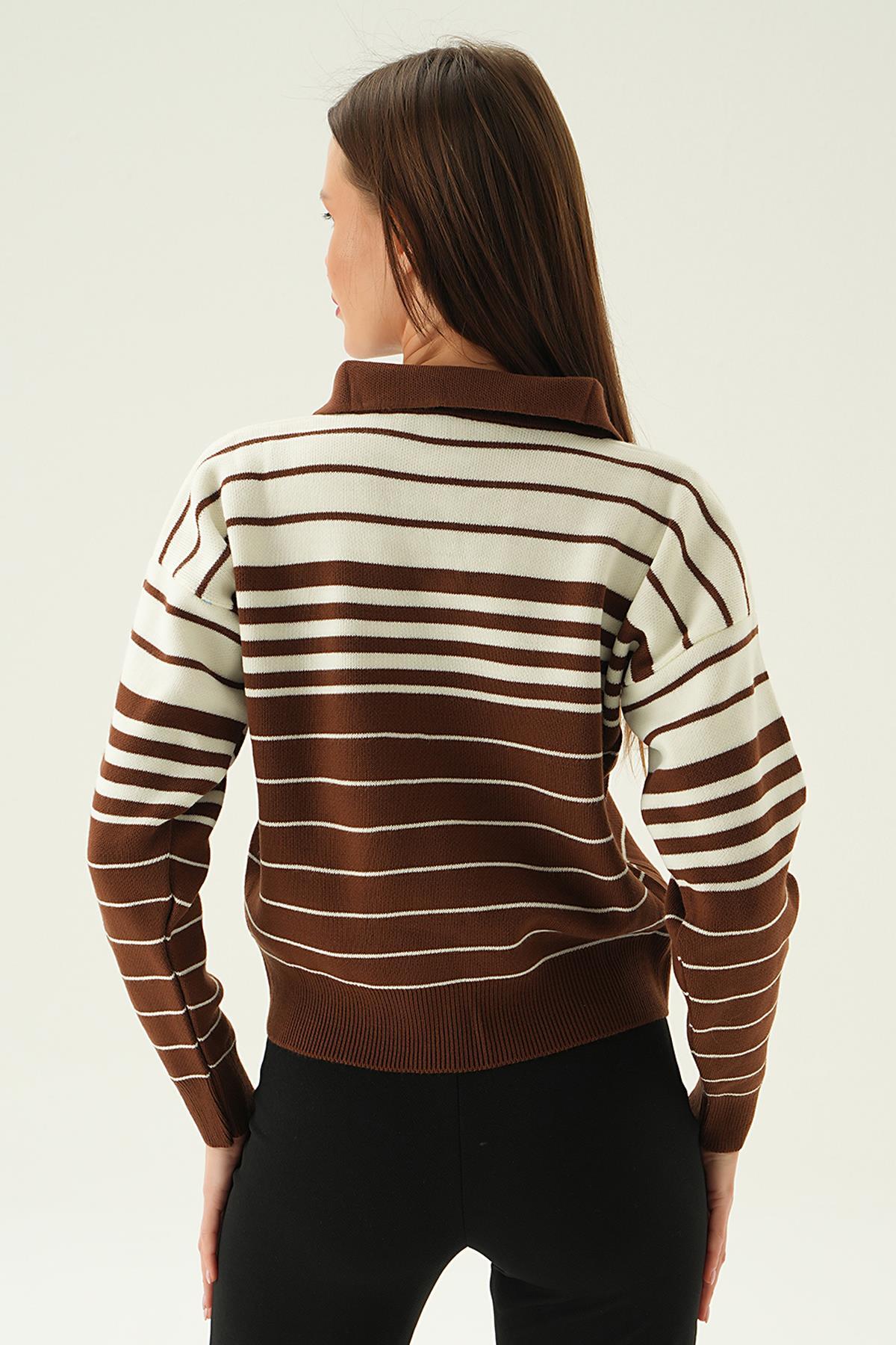 3020 Polo Yaka Çizgili Kazak Kahve - 5