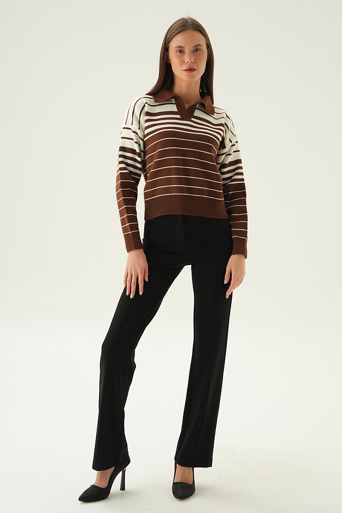 Kahve Polo Yaka Çizgili Kazak 3020 - 2