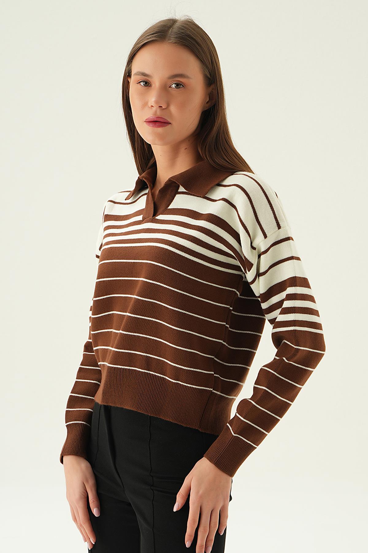 Kahve Polo Yaka Çizgili Kazak 3020 - 4