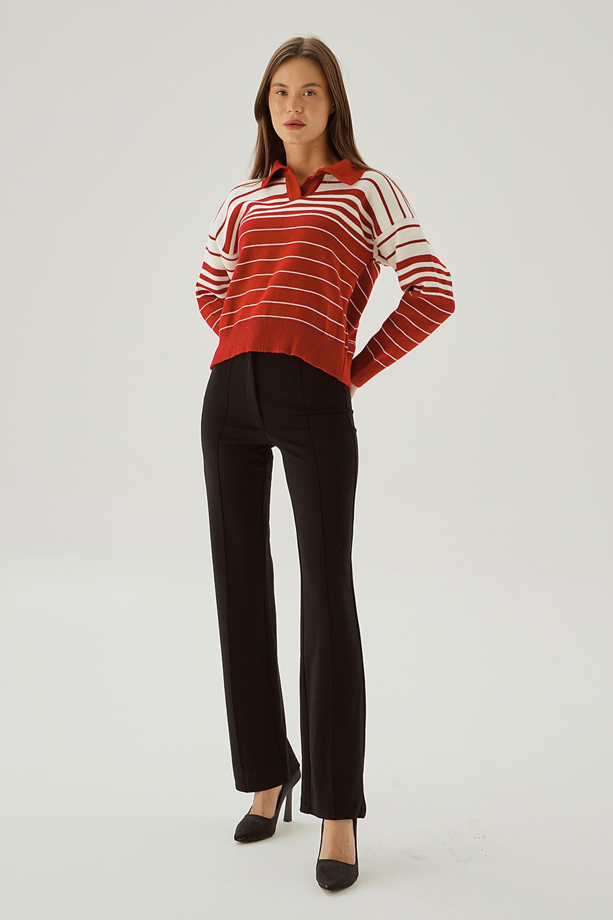 3020 Polo Yaka Çizgili Kazak Kırmızı - 2