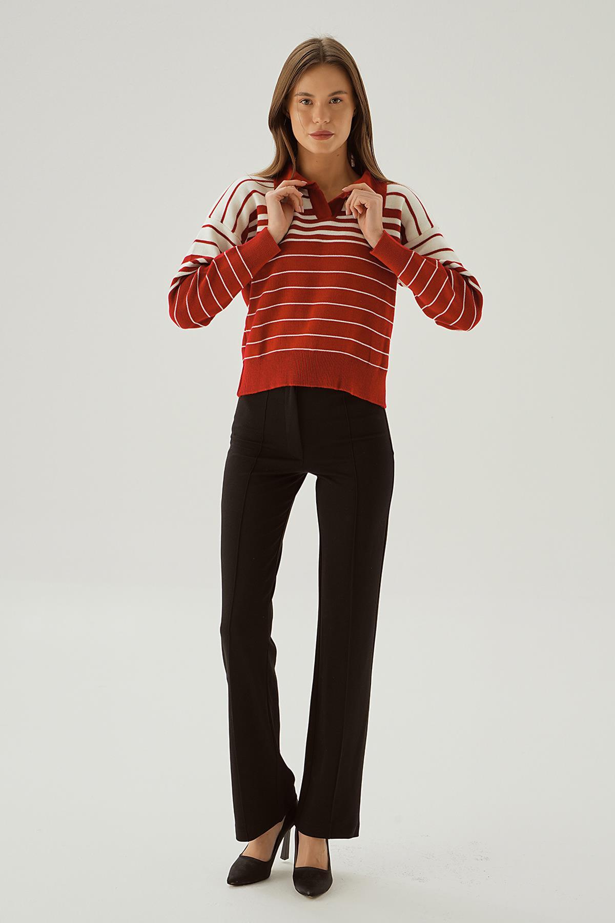 3020 Polo Yaka Çizgili Kazak Kırmızı - 3