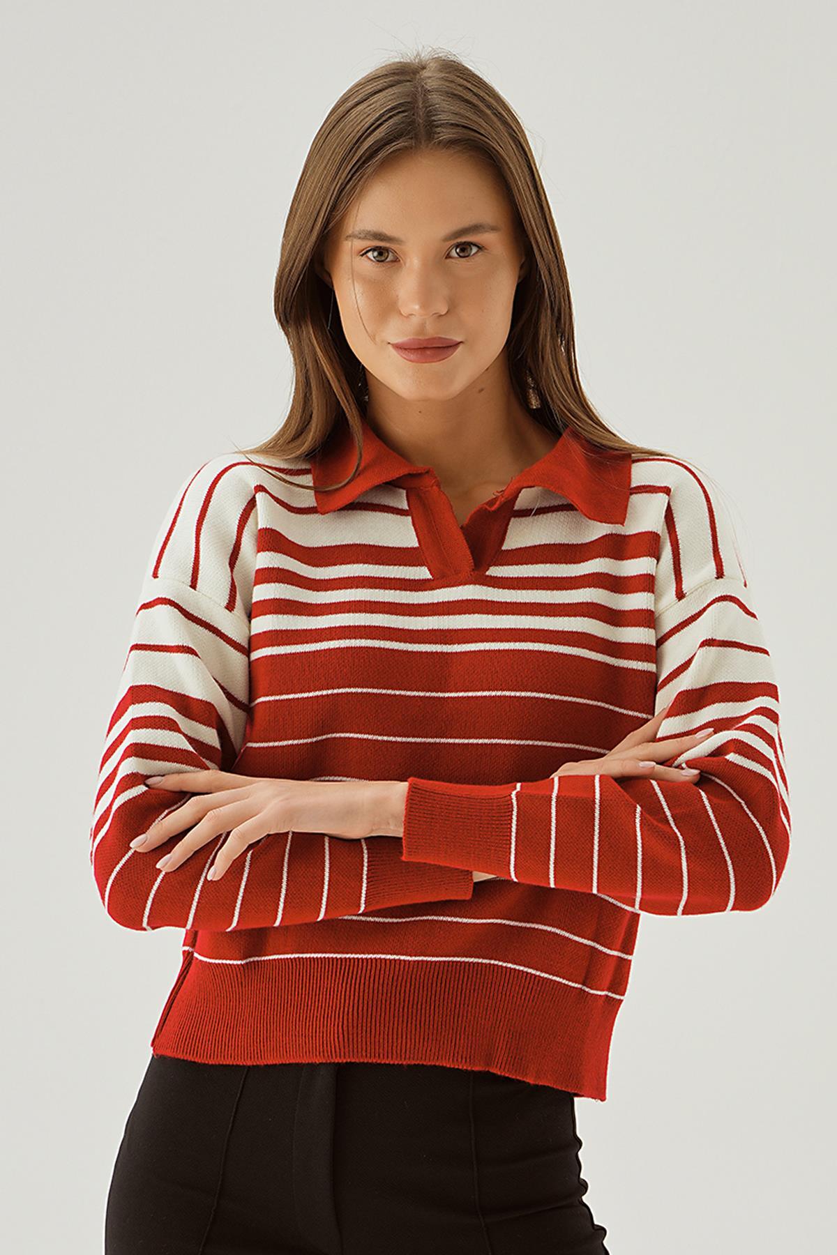 Kırmızı Polo Yaka Çizgili Kazak 3020 - 1