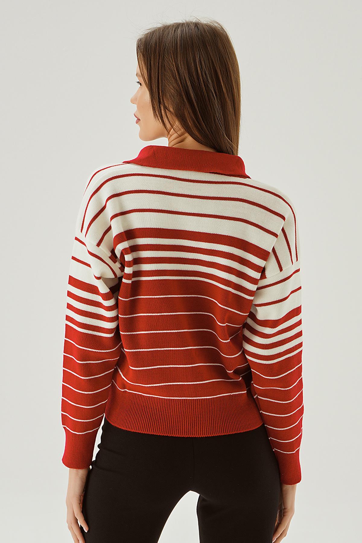 Kırmızı Polo Yaka Çizgili Kazak 3020 - 4