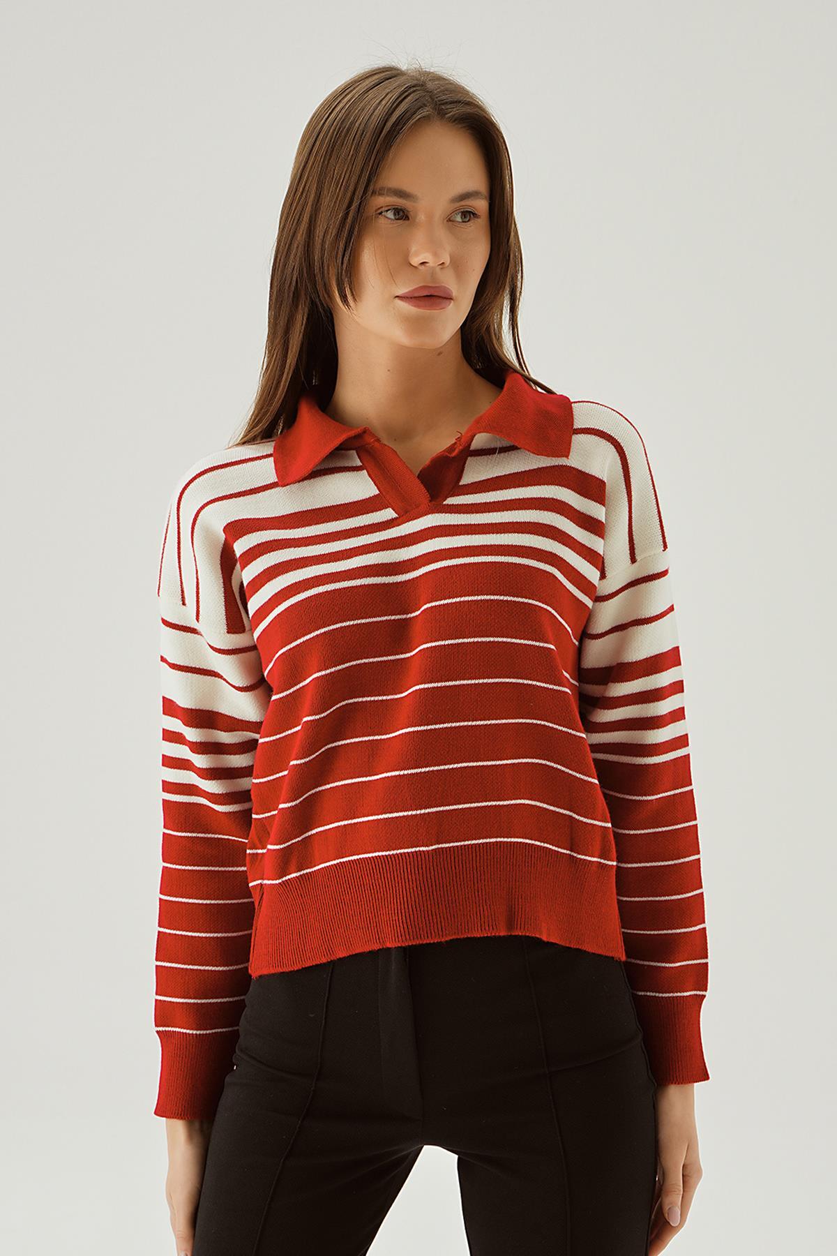 Kırmızı Polo Yaka Çizgili Kazak 3020 - 5