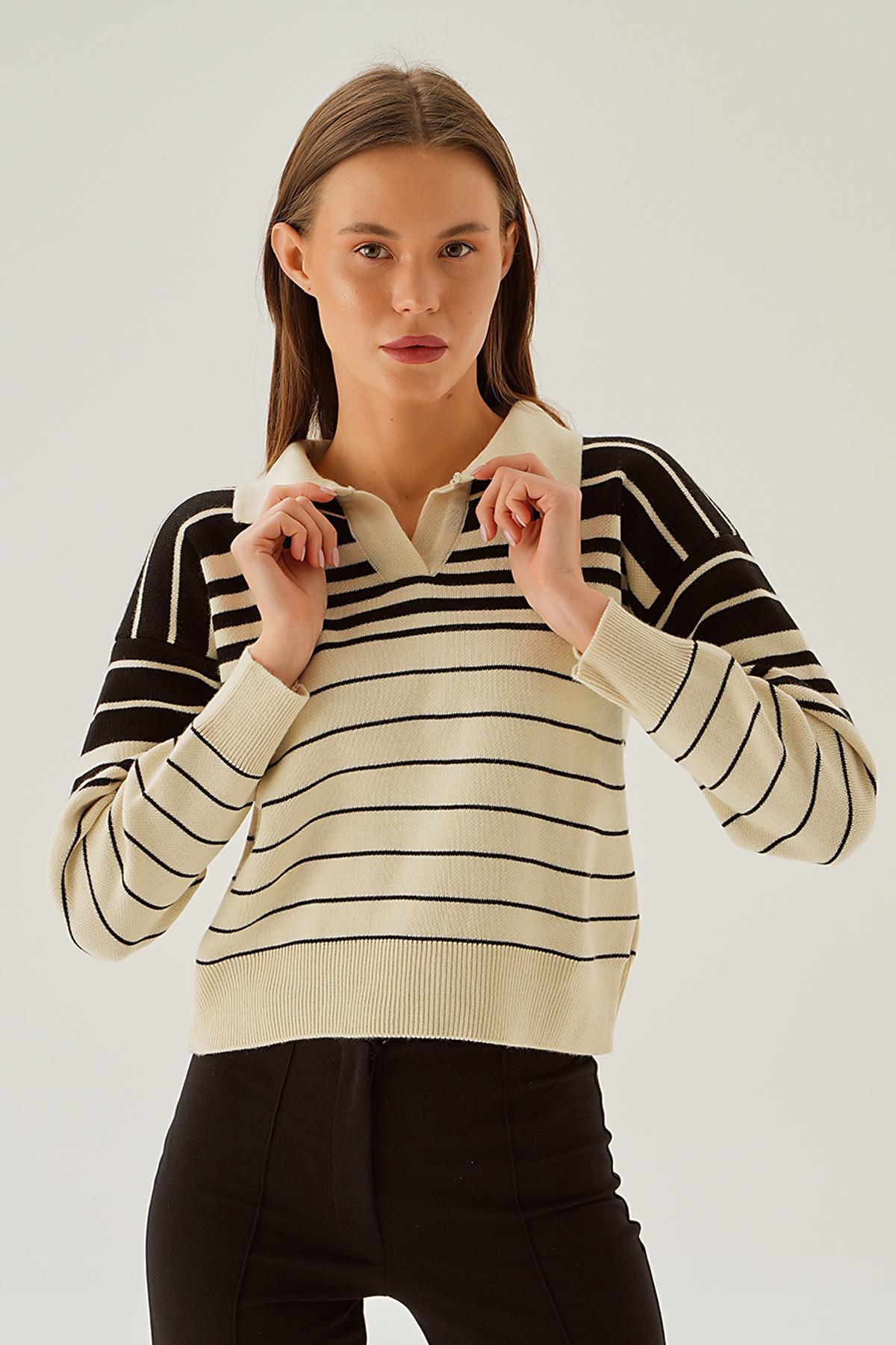 3020 Polo Yaka Çizgili Kazak Krem - 4