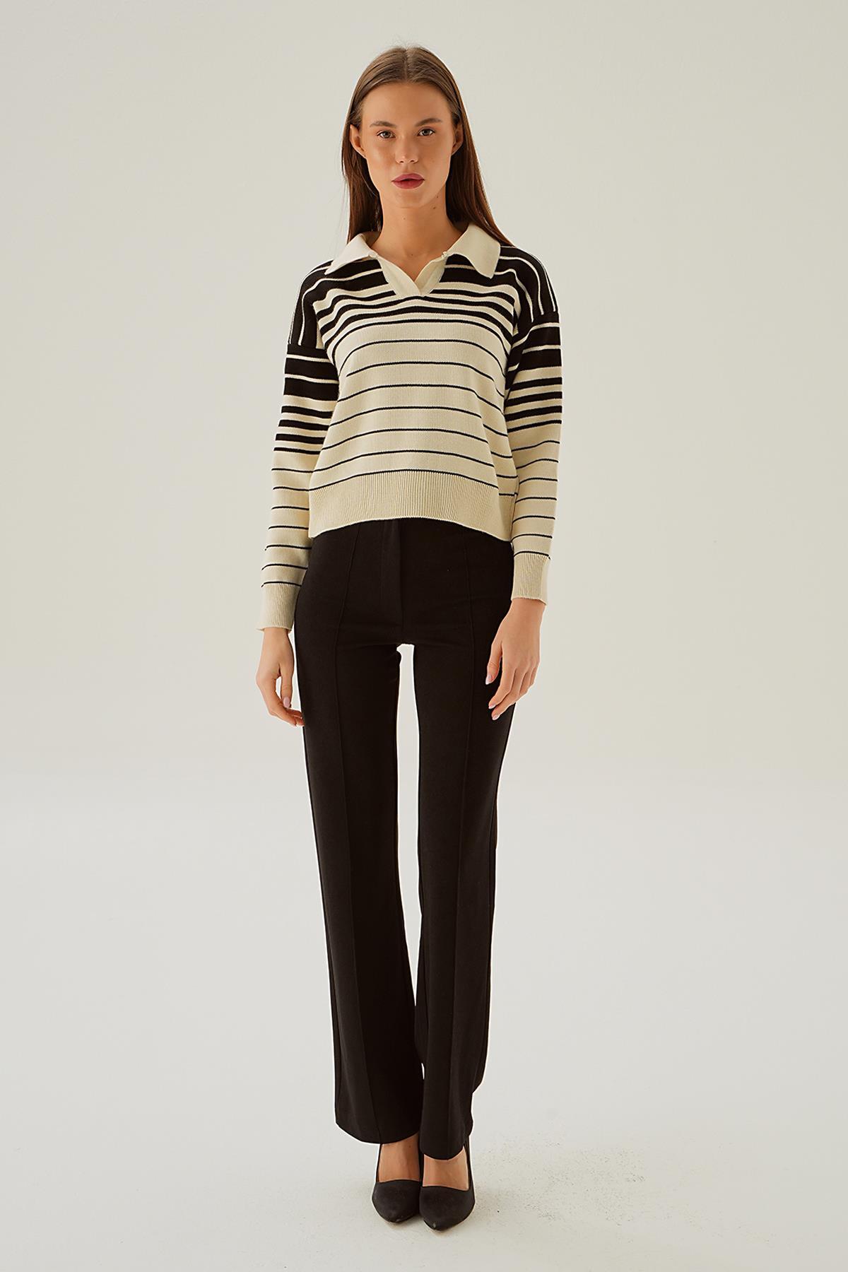 3020 Polo Yaka Çizgili Kazak Krem - 6