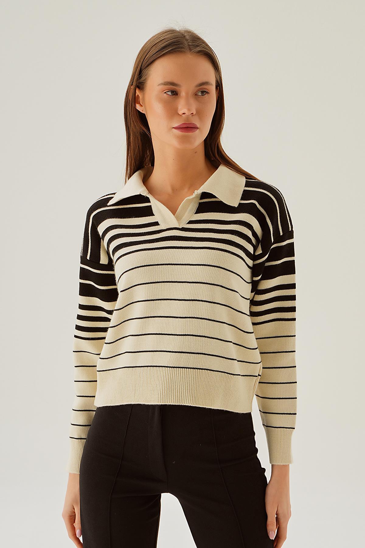 Krem Polo Yaka Çizgili Kazak 3020 - 1