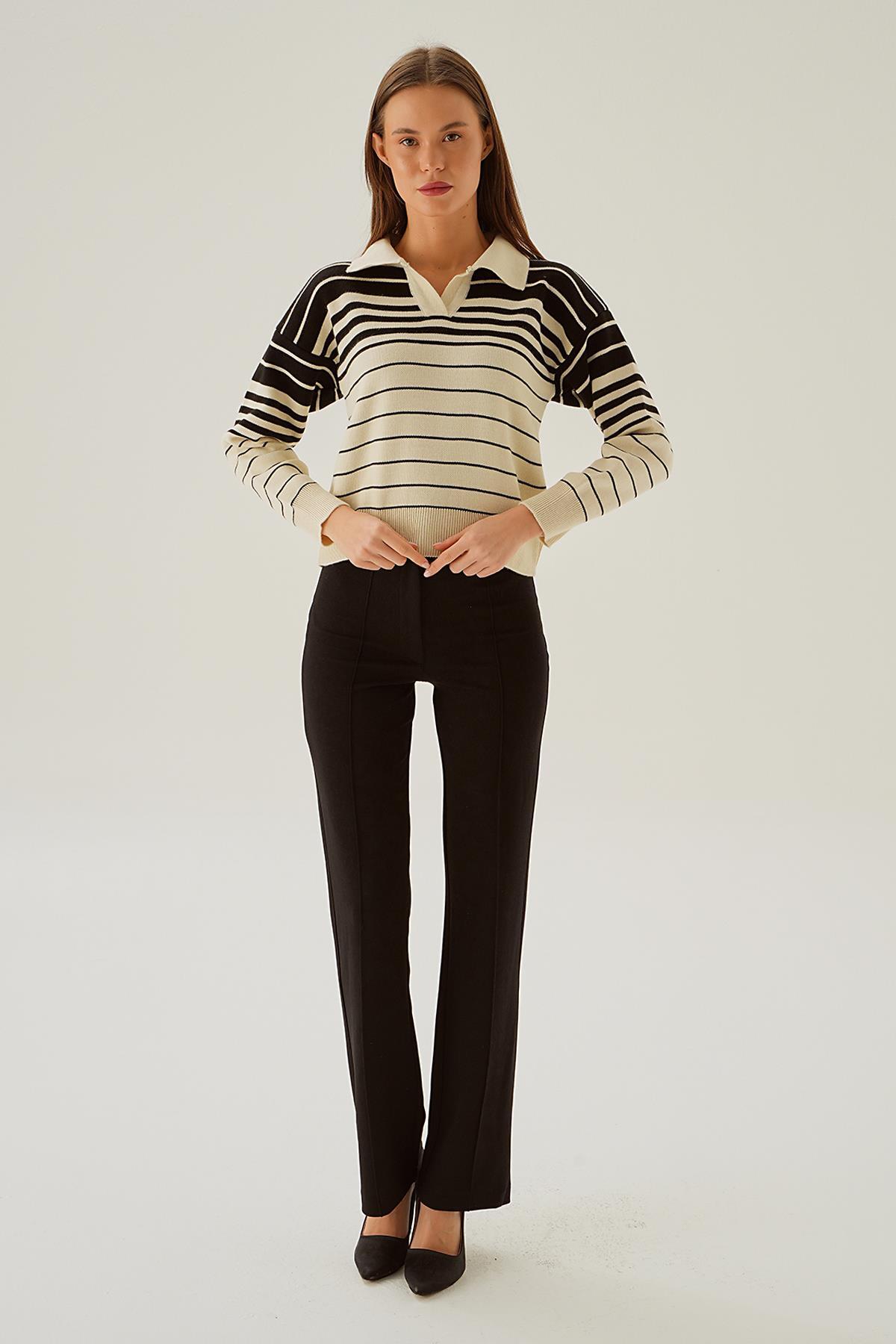 Krem Polo Yaka Çizgili Kazak 3020 - 2