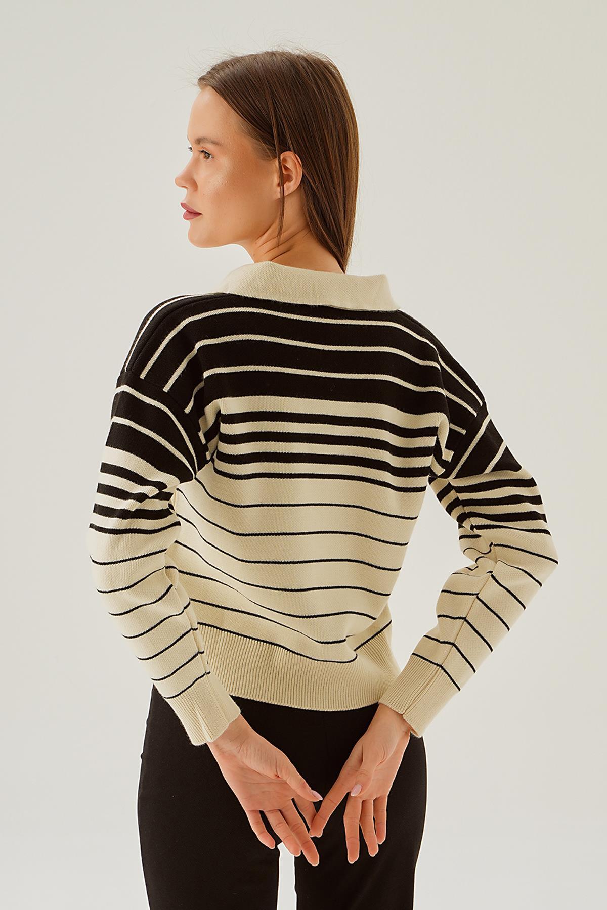 Krem Polo Yaka Çizgili Kazak 3020 - 3